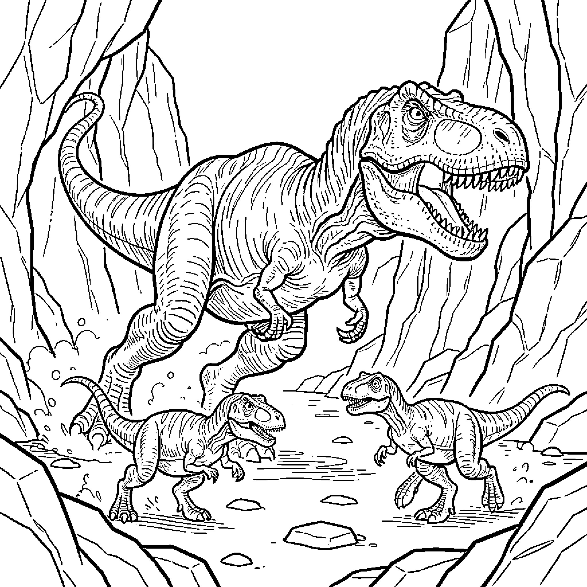 T-Rex Hunting in the Jurassic Wilderness Coloring Page (free black-and-white line drawing printable PDF for all, from beginners to advanced learners, including children, teens, adults, and seniors)