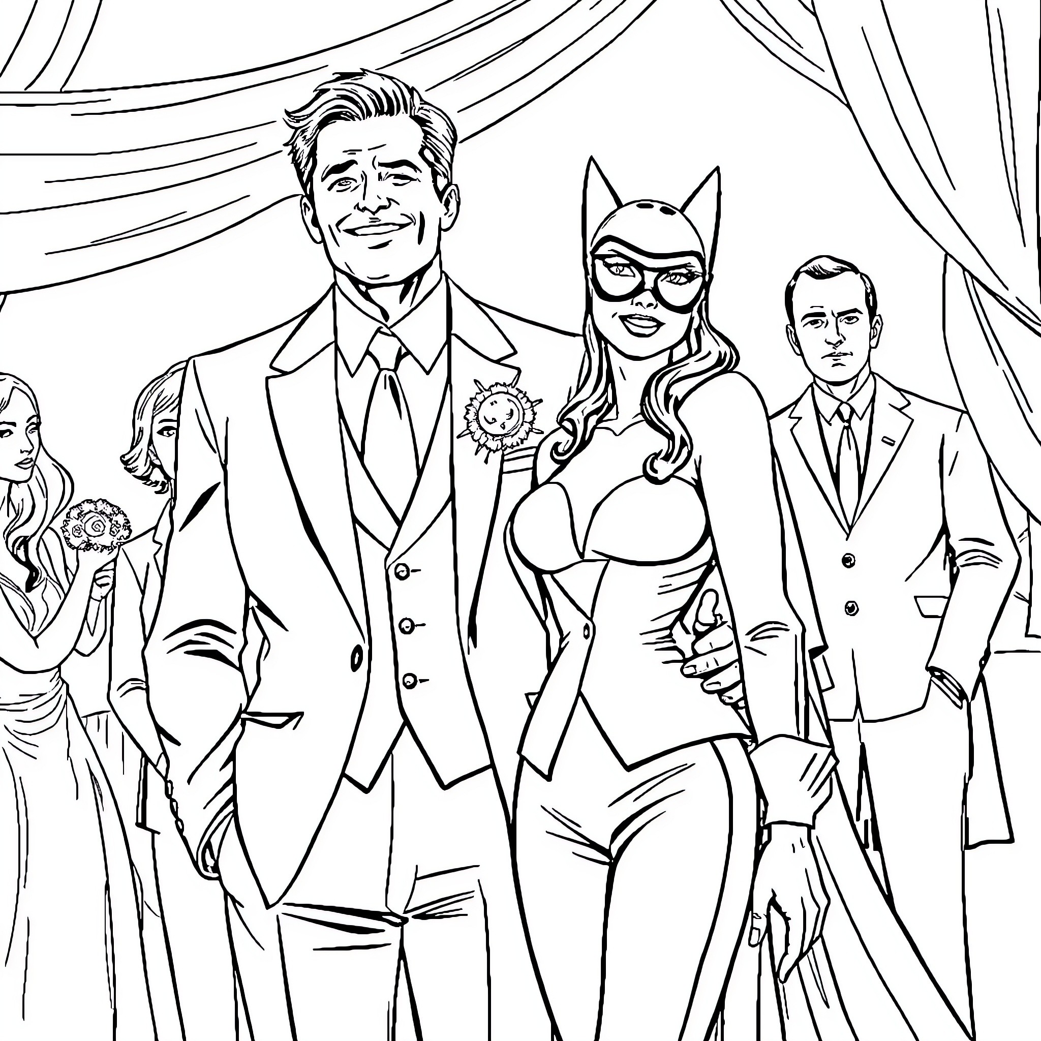 Wedding of superheroes in formal attire Coloring Page (free black-and-white line drawing printable PDF for all, from beginners to advanced learners, including children, teens, adults, and seniors)
