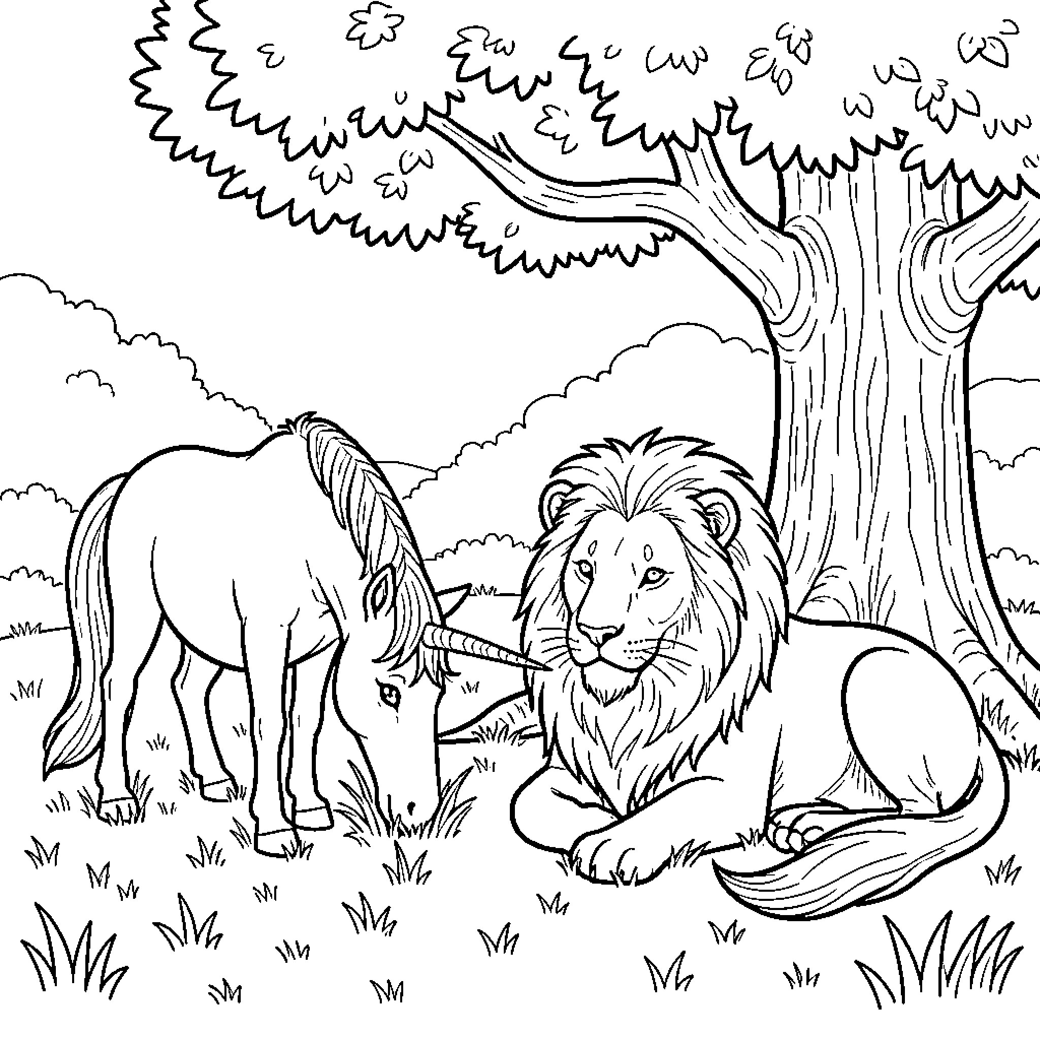 Licorne grazing near a resting lion under a tree Coloring Page (free black-and-white line drawing printable PDF for all, from beginners to advanced learners, including children, teens, adults, and seniors)