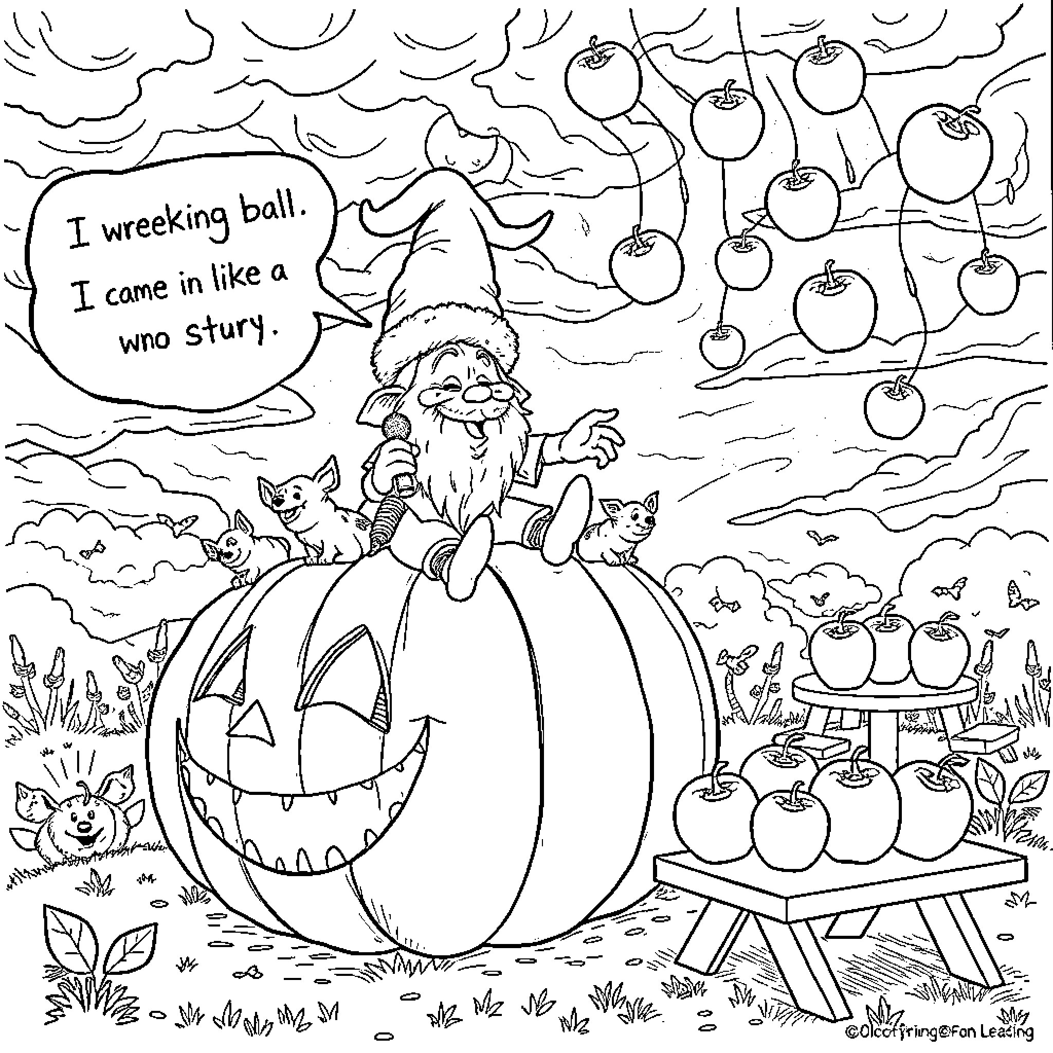 Pumpkin Gnome's Whimsical Harvest Celebration Coloring Page (free black-and-white line drawing printable PDF for all, from beginners to advanced learners, including children, teens, adults, and seniors)