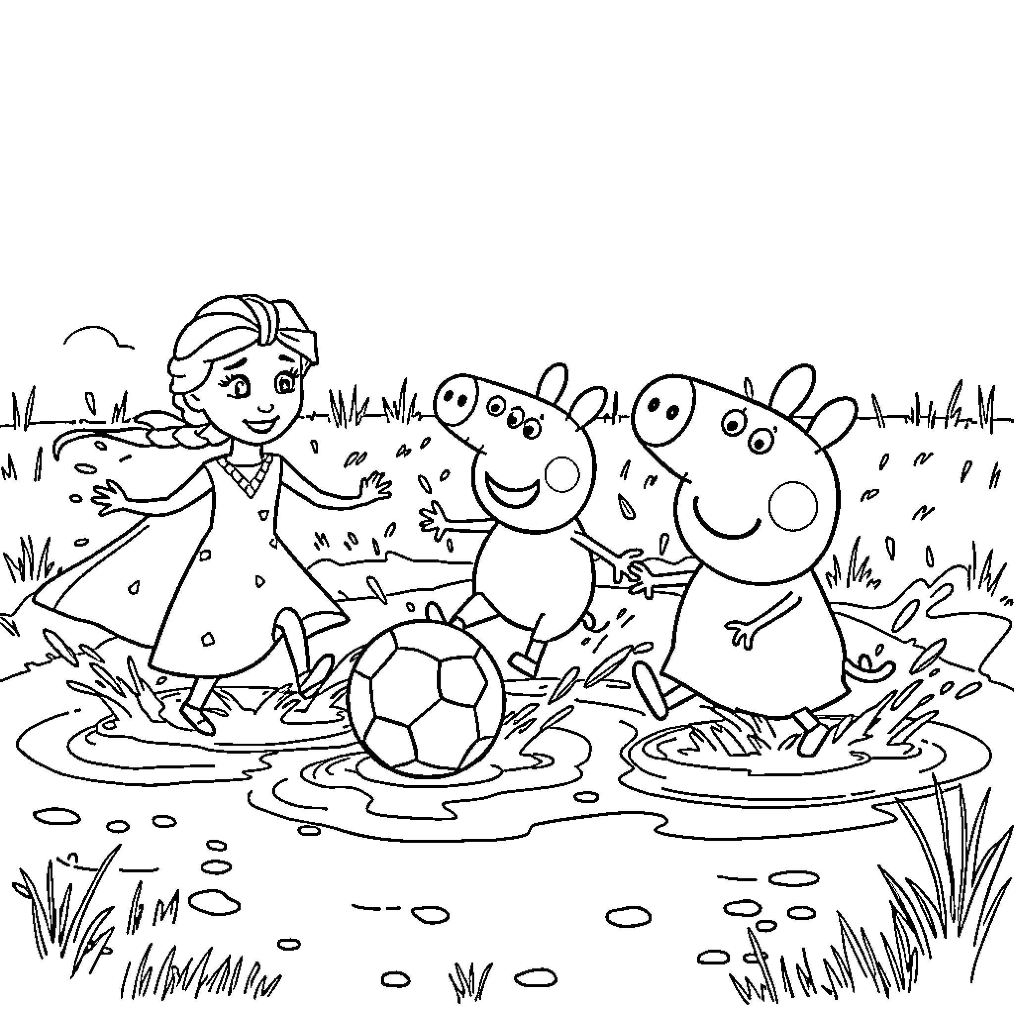 Character playing soccer with friends in the rain Coloring Page (free black-and-white line drawing printable PDF for all, from beginners to advanced learners, including children, teens, adults, and seniors)