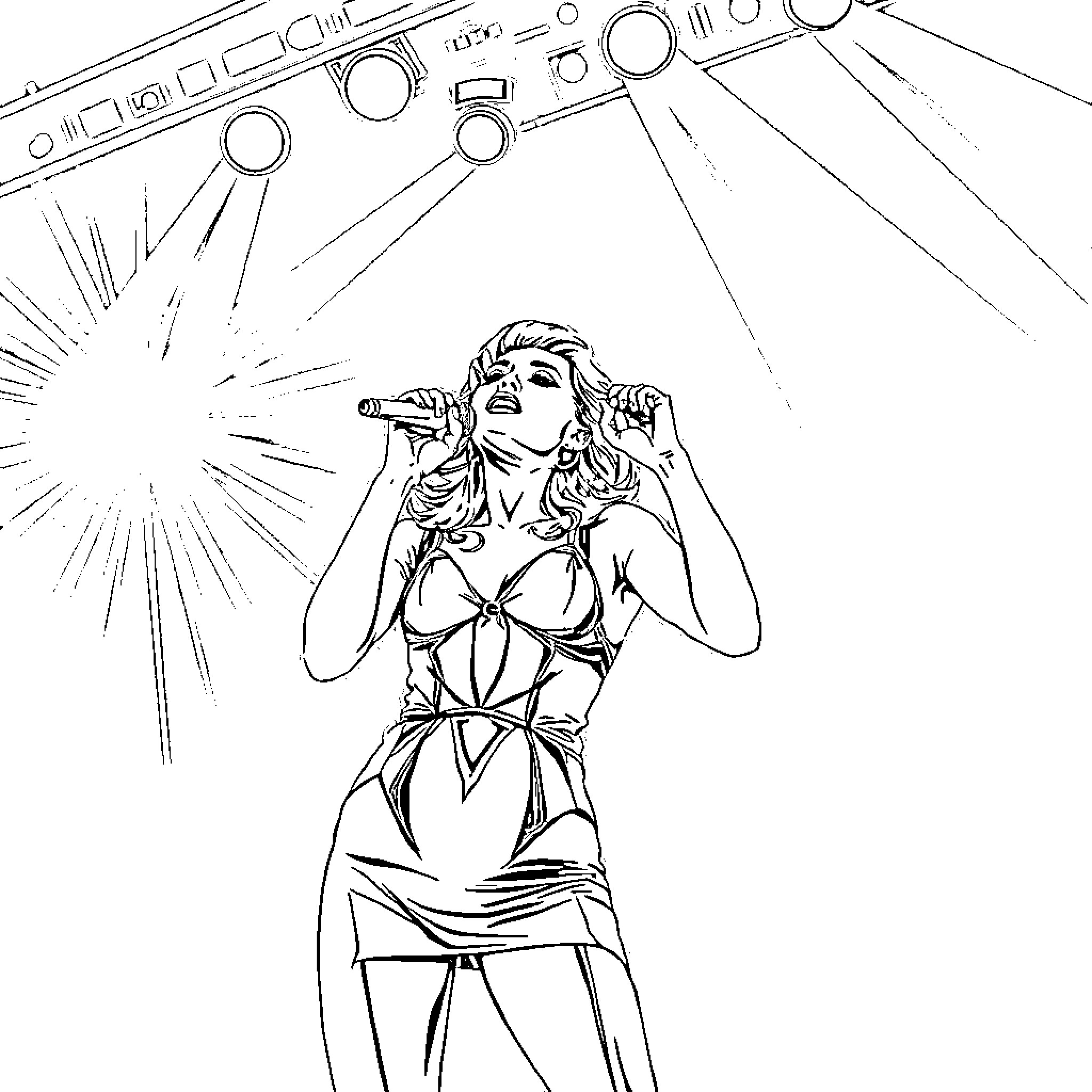 Kylie Minogue performing on stage with energy Coloring Page (free black-and-white line drawing printable PDF for all, from beginners to advanced learners, including children, teens, adults, and seniors)