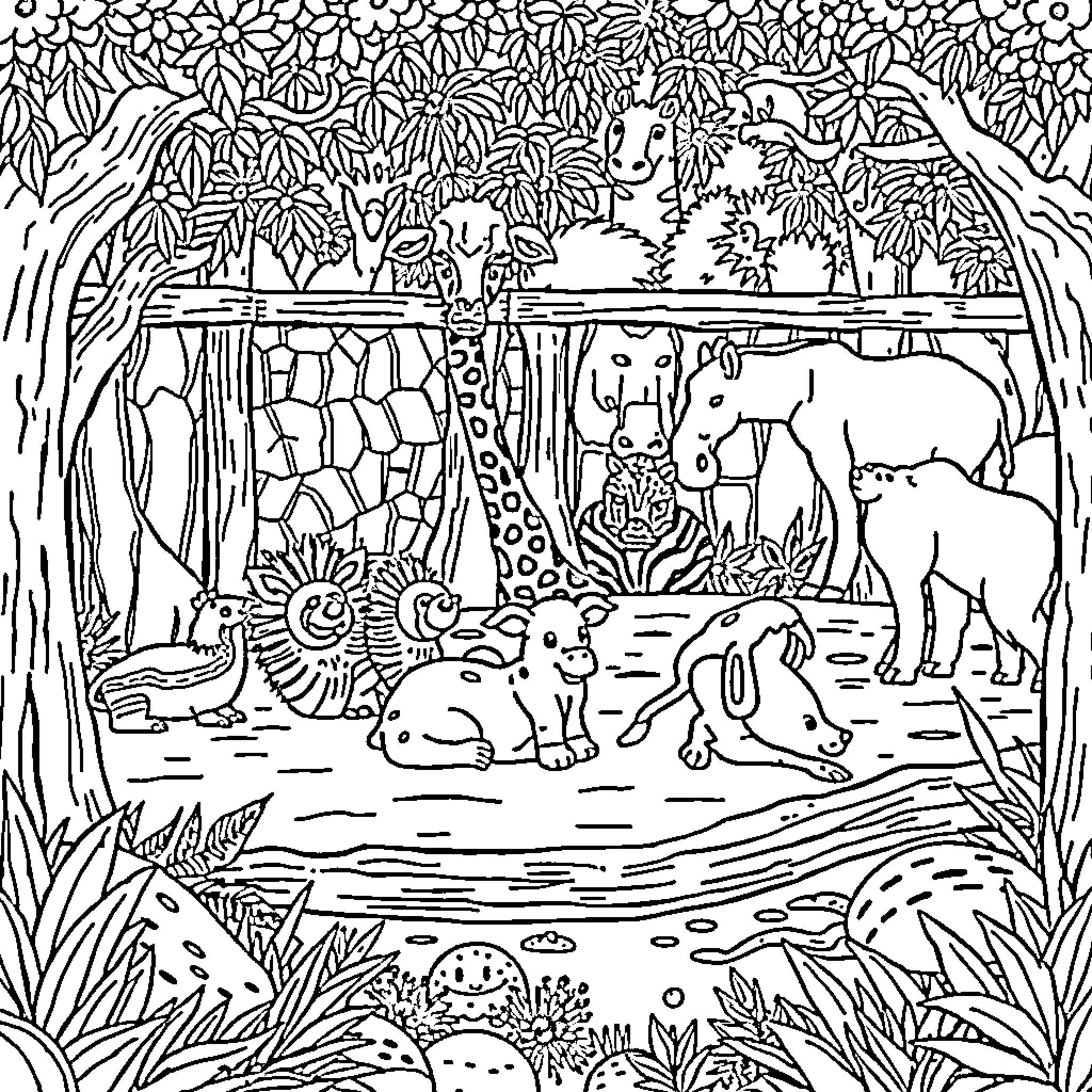 Animal life in a lush forest habitat Coloring Page (free black-and-white line drawing printable PDF for all, from beginners to advanced learners, including children, teens, adults, and seniors)