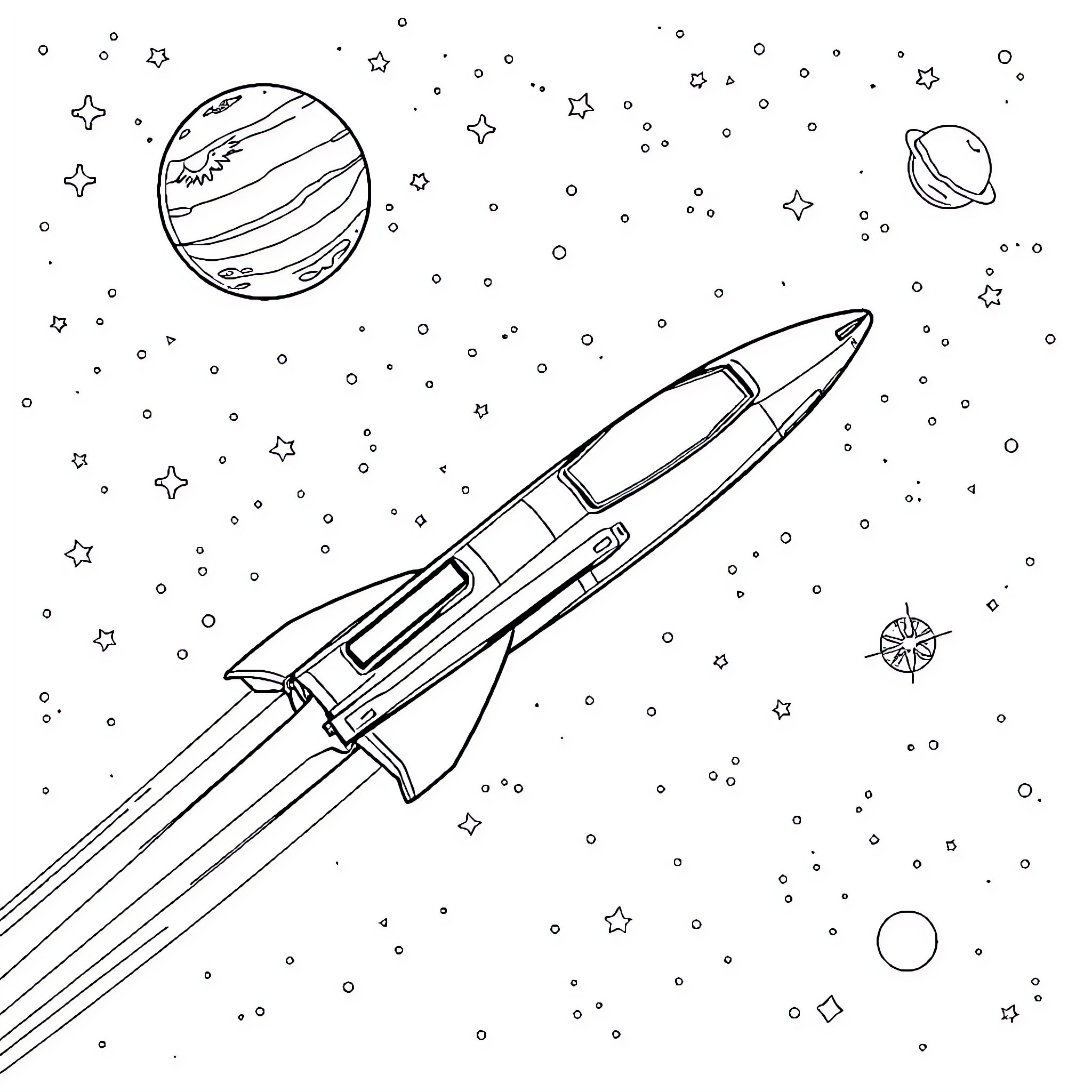 Spaceship Soaring Through the Starry Night Coloring Page (free black-and-white line drawing printable PDF for all, from beginners to advanced learners, including children, teens, adults, and seniors)