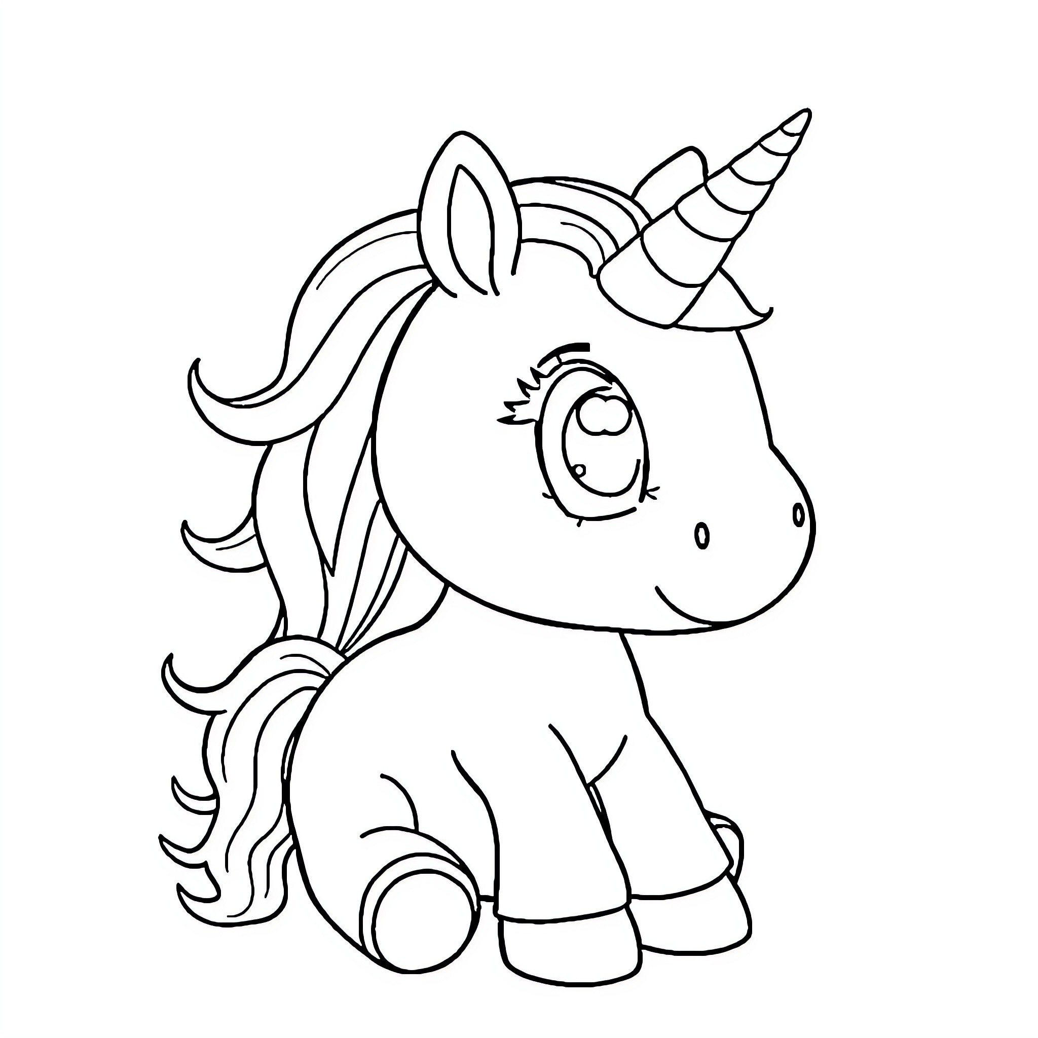 Unicorn sitting contentedly Coloring Page (free black-and-white line drawing printable PDF for all, from beginners to advanced learners, including children, teens, adults, and seniors)