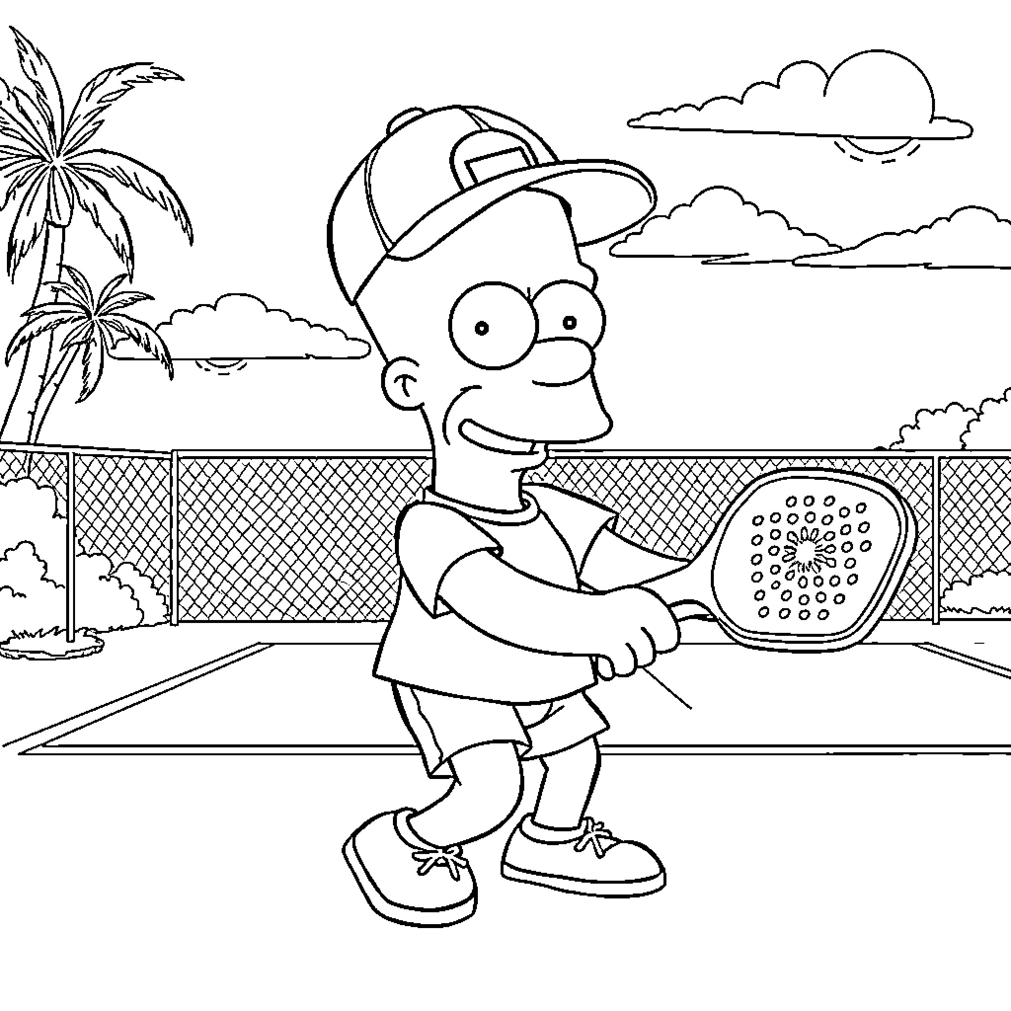 Bart Simpson playing tennis on a sunny day Coloring Page (free black-and-white line drawing printable PDF for all, from beginners to advanced learners, including children, teens, adults, and seniors)