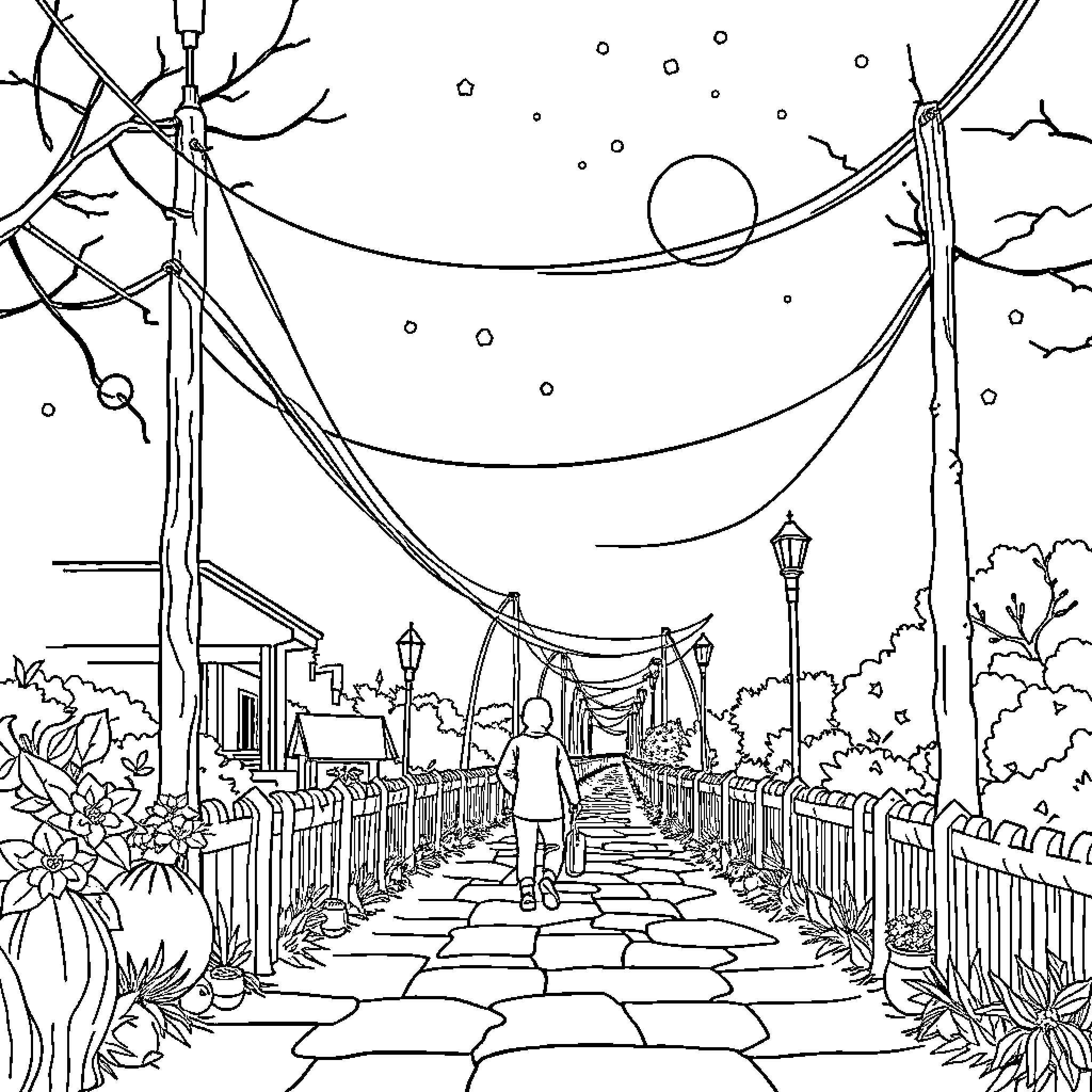 Red Riding Hood's Magical Bridge Adventure Coloring Page (free black-and-white line drawing printable PDF for all, from beginners to advanced learners, including children, teens, adults, and seniors)