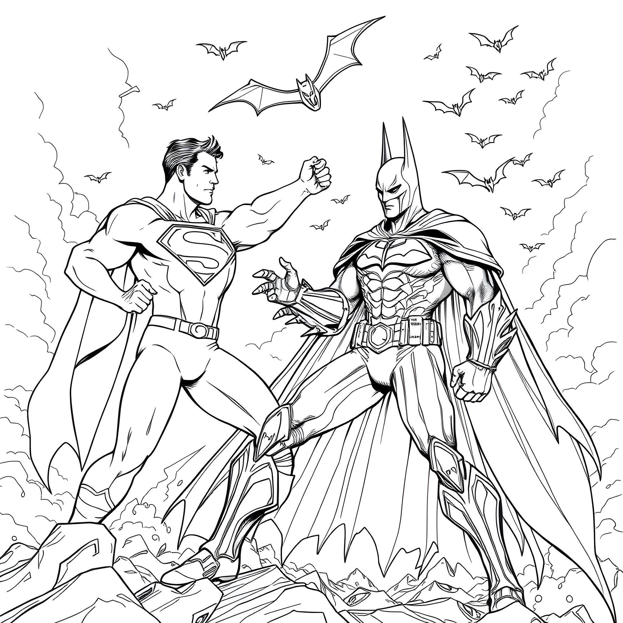 Superman and Batman facing off in dramatic action scene Coloring Page (free black-and-white line drawing printable PDF for all, from beginners to advanced learners, including children, teens, adults, and seniors)