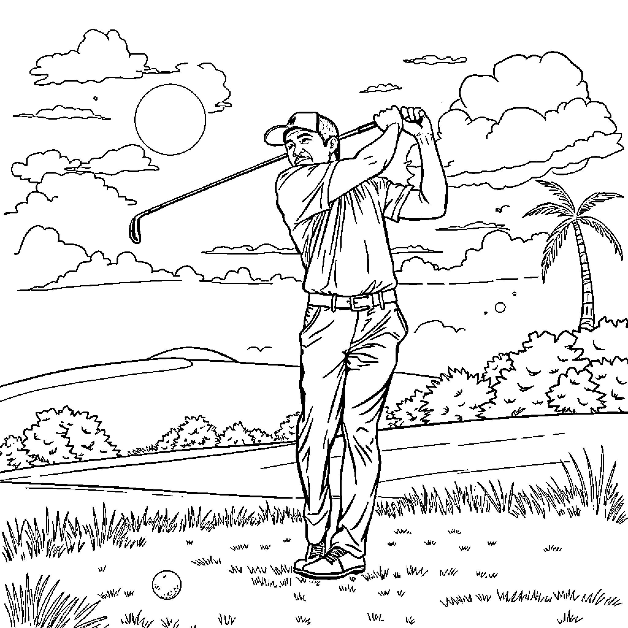 Manny Pacquiao playing golf in a tropical landscape Coloring Page (free black-and-white line drawing printable PDF for all, from beginners to advanced learners, including children, teens, adults, and seniors)