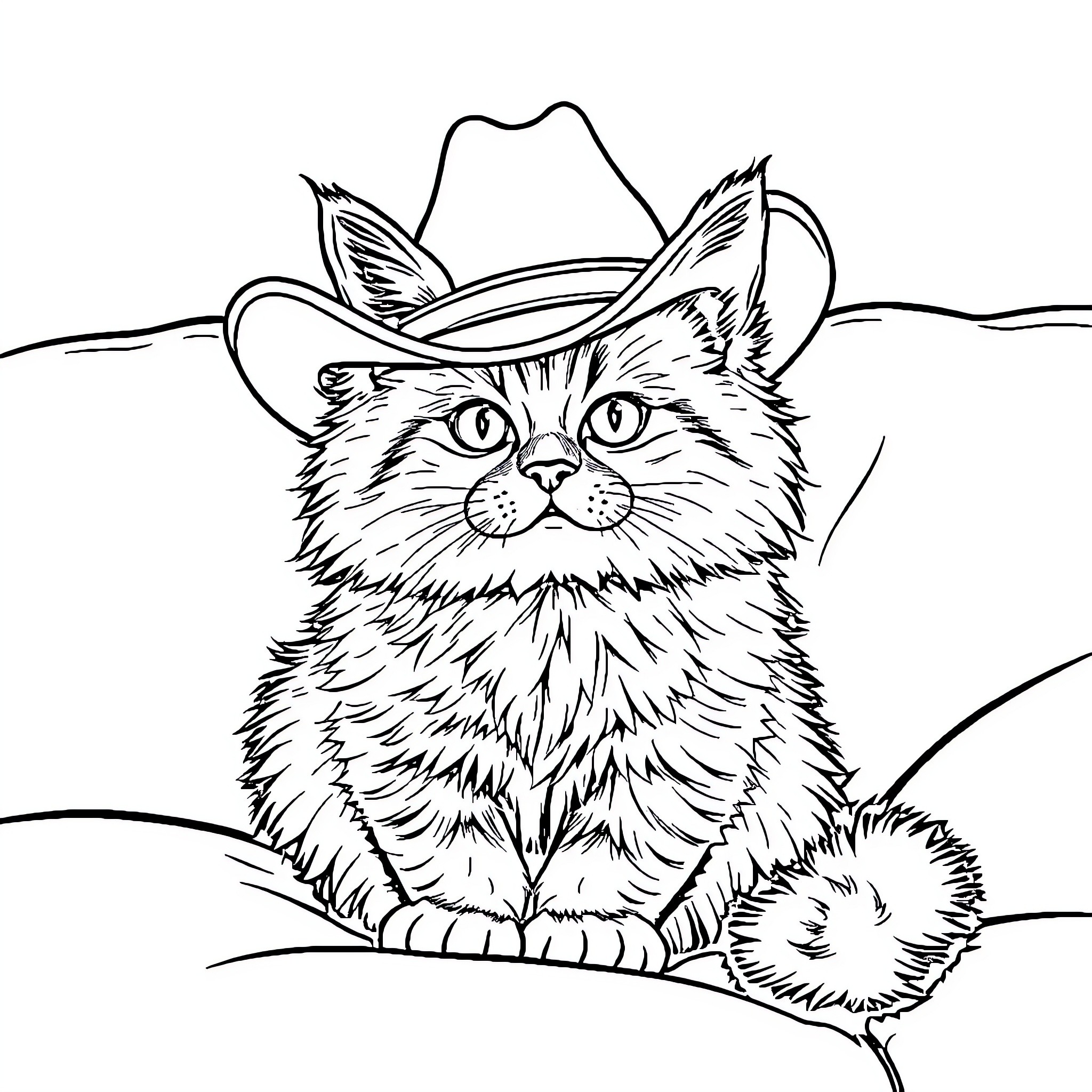 Cat in a Cowboy Hat Coloring Page (free black-and-white line drawing printable PDF for all, from beginners to advanced learners, including children, teens, adults, and seniors)