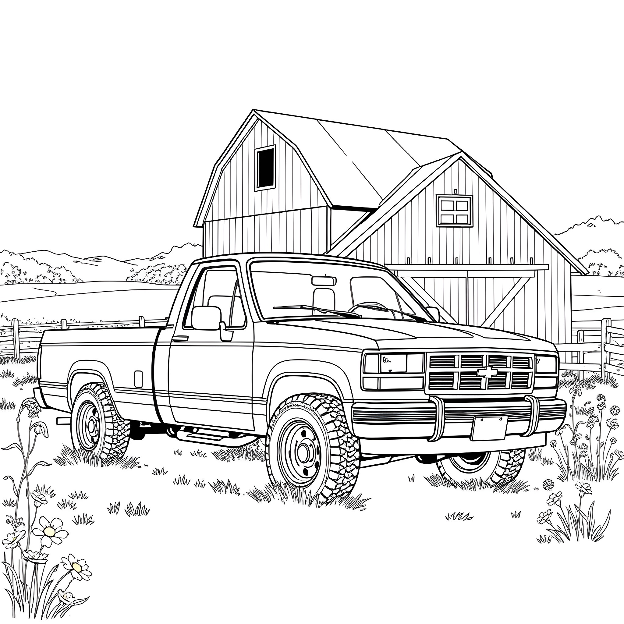Ram truck parked in rustic countryside scene Coloring Page (free black-and-white line drawing printable PDF for all, from beginners to advanced learners, including children, teens, adults, and seniors)