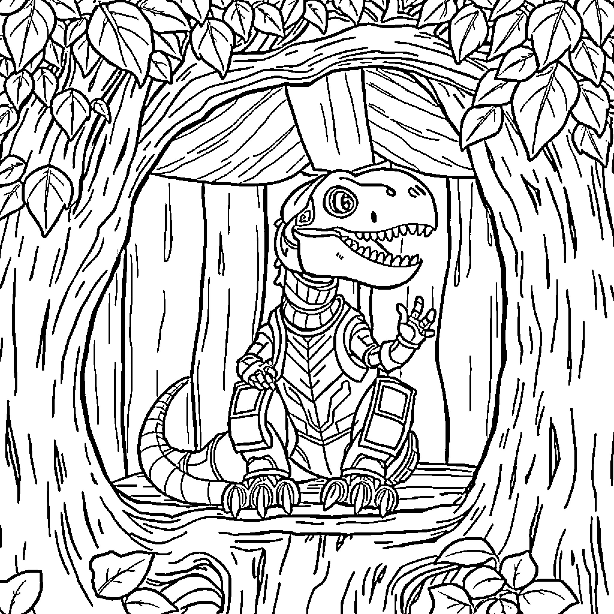 Dinosaur exploring the forest canopy Coloring Page (free black-and-white line drawing printable PDF for all, from beginners to advanced learners, including children, teens, adults, and seniors)