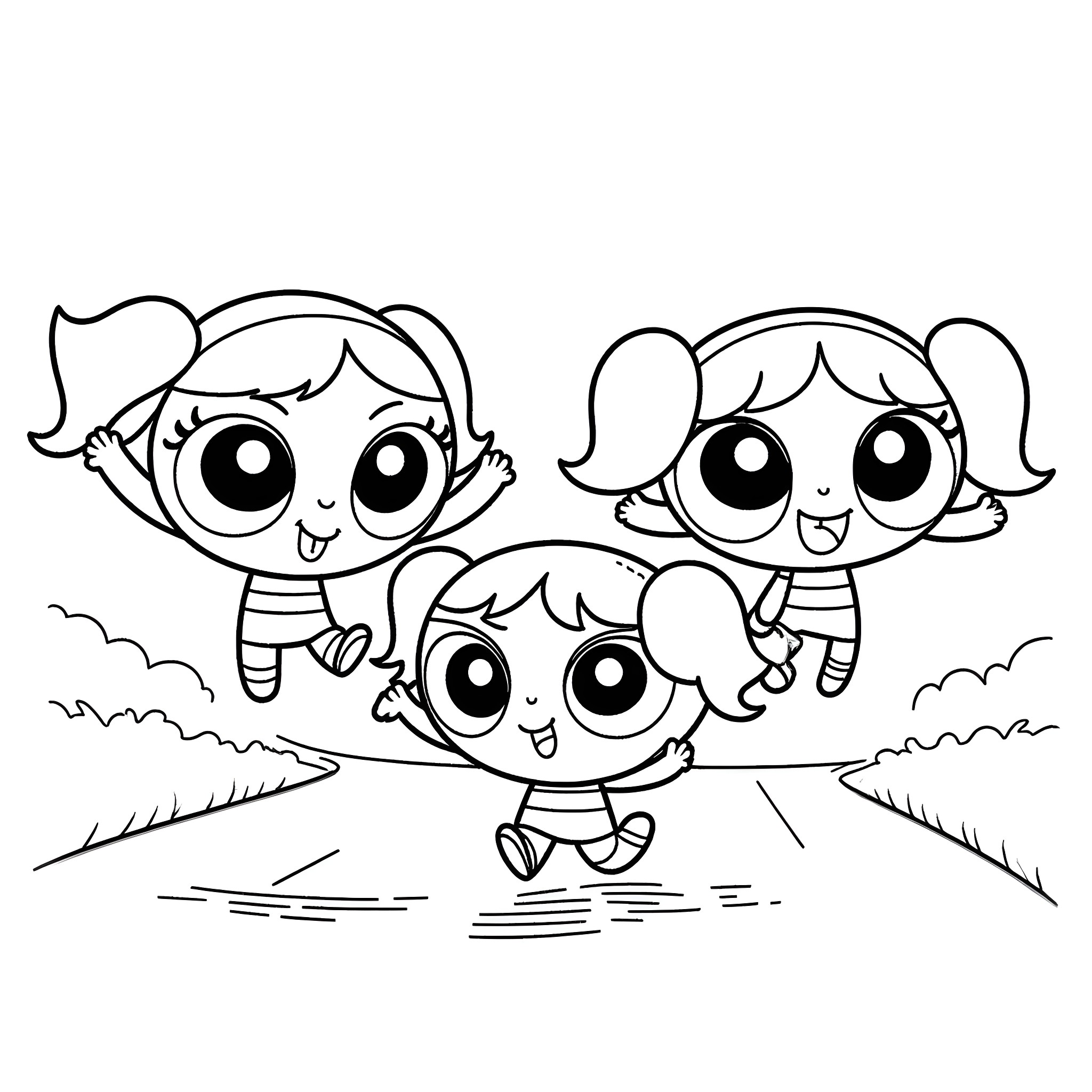 Powerpuff Girls playing joyfully outdoors Coloring Page (free black-and-white line drawing printable PDF for all, from beginners to advanced learners, including children, teens, adults, and seniors)