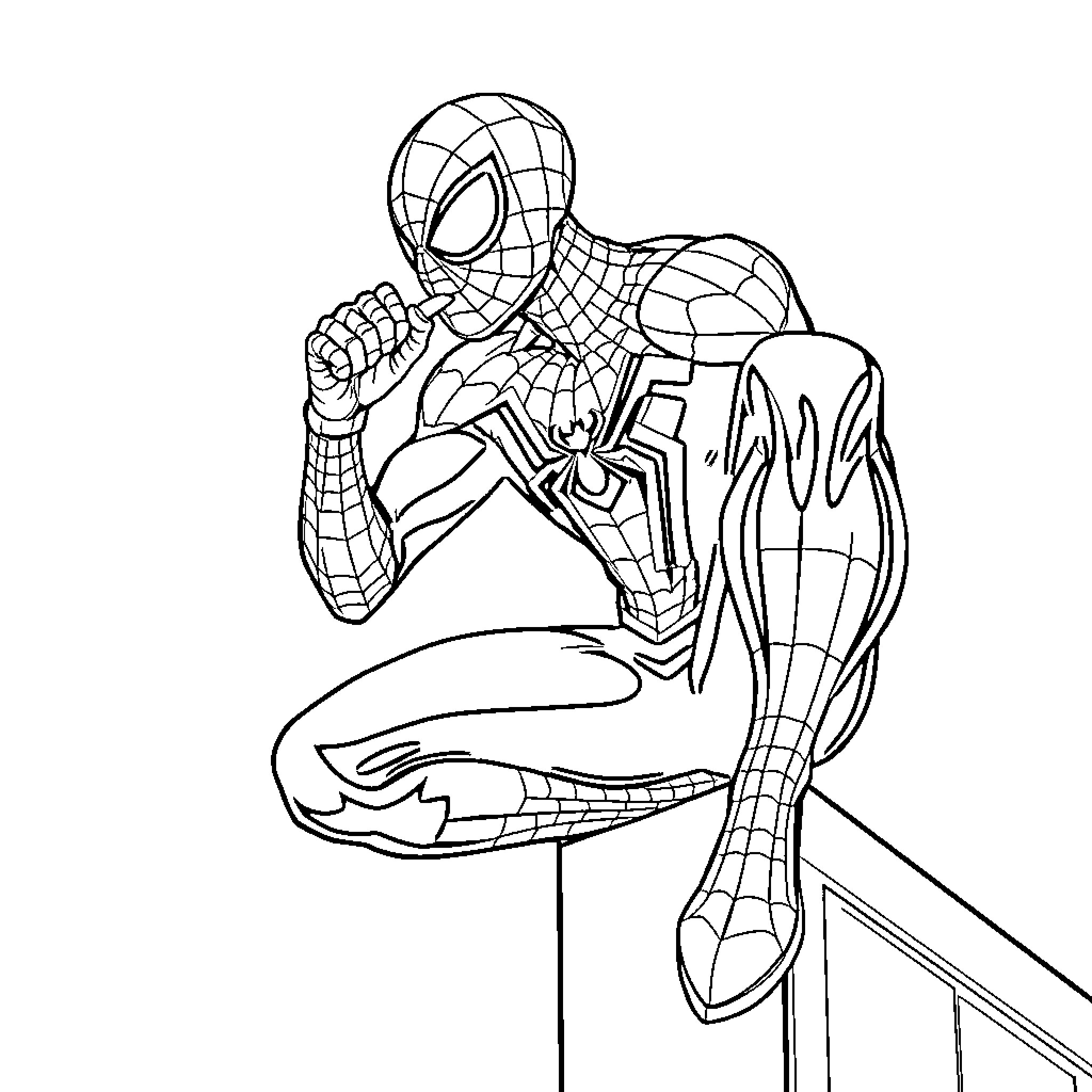 Spiderman crouching in a superhero pose Coloring Page (free black-and-white line drawing printable PDF for all, from beginners to advanced learners, including children, teens, adults, and seniors)