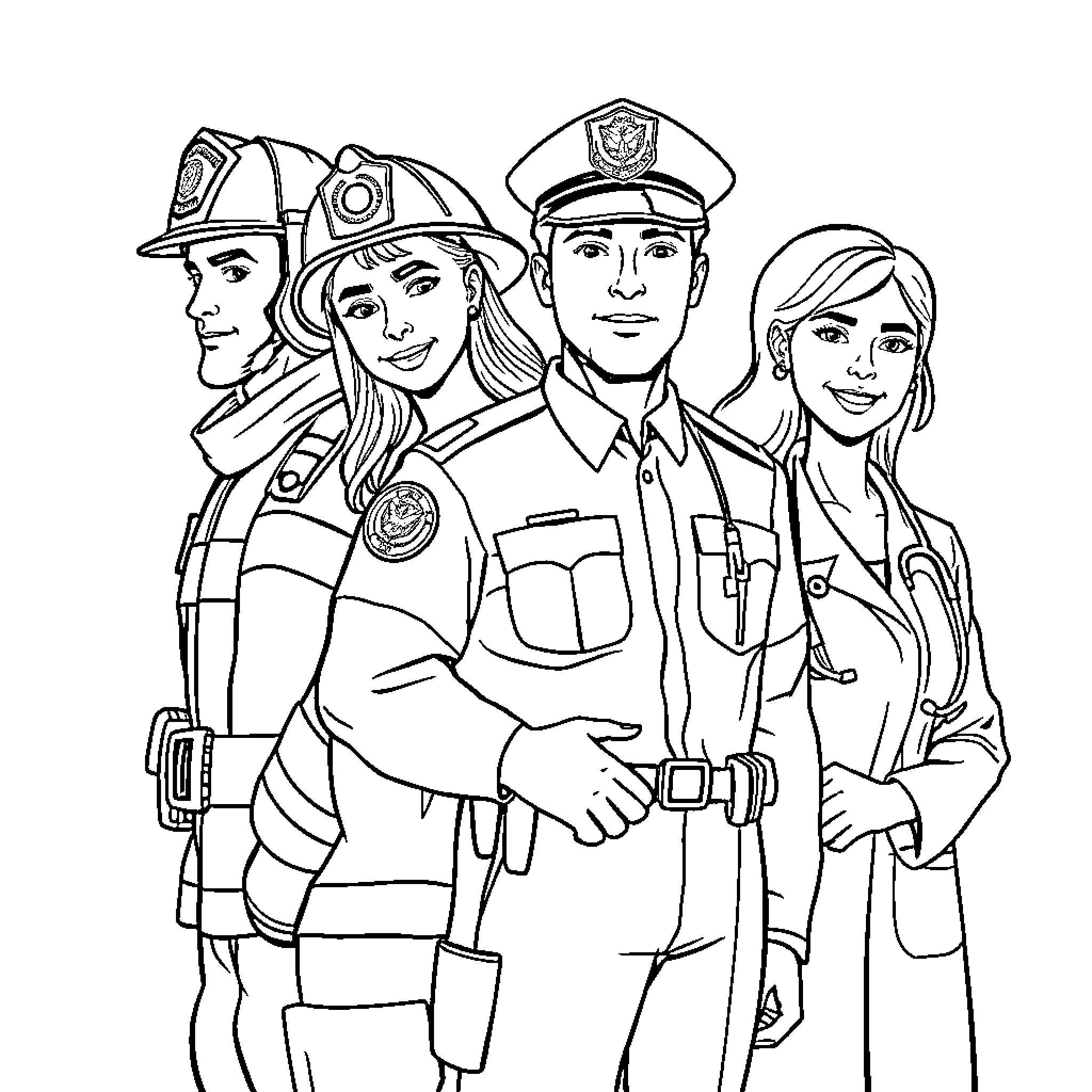 Professional Emergency Responders in Action Coloring Page (free black-and-white line drawing printable PDF for all, from beginners to advanced learners, including children, teens, adults, and seniors)