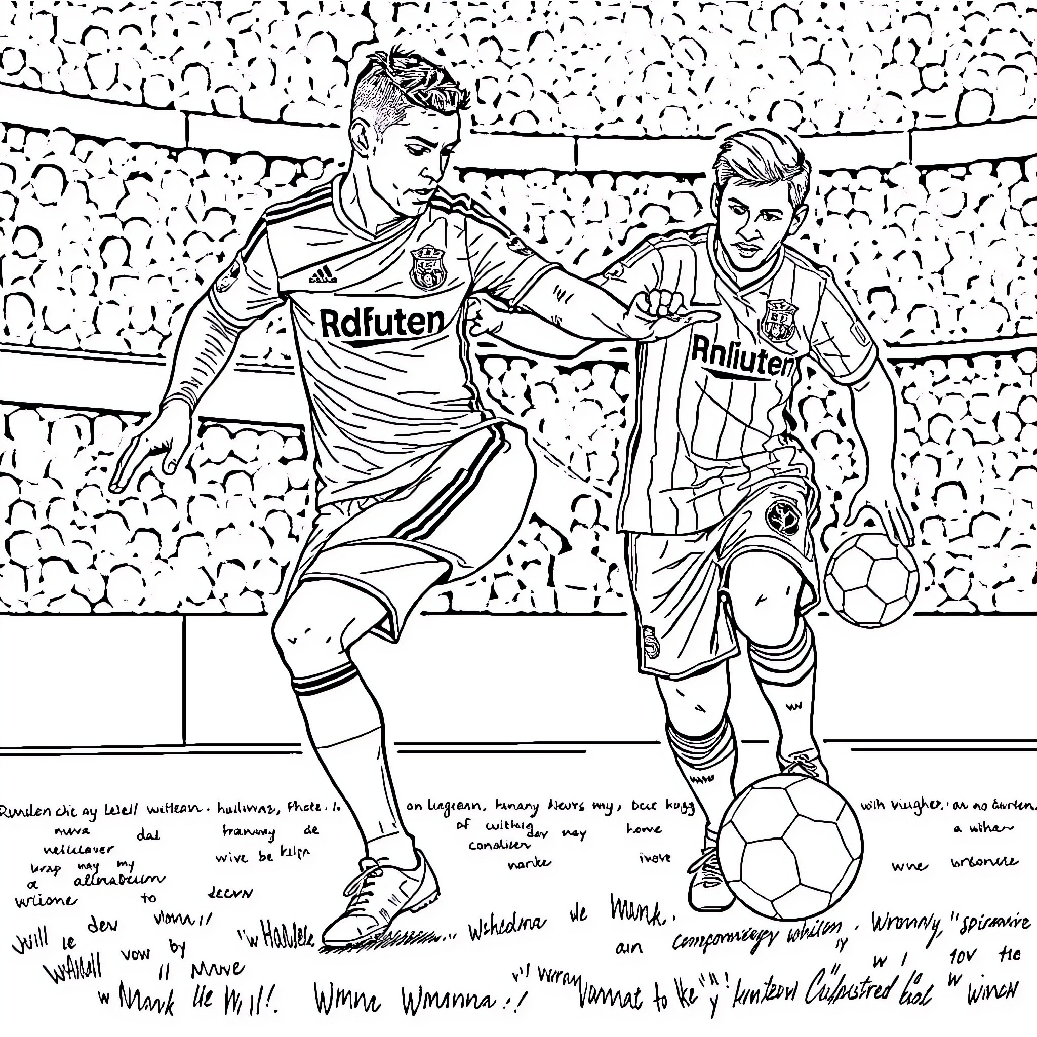 Cristiano Ronaldo and Lionel Messi Playing Football on Field Coloring Page (free black-and-white line drawing printable PDF for all, from beginners to advanced learners, including children, teens, adults, and seniors)
