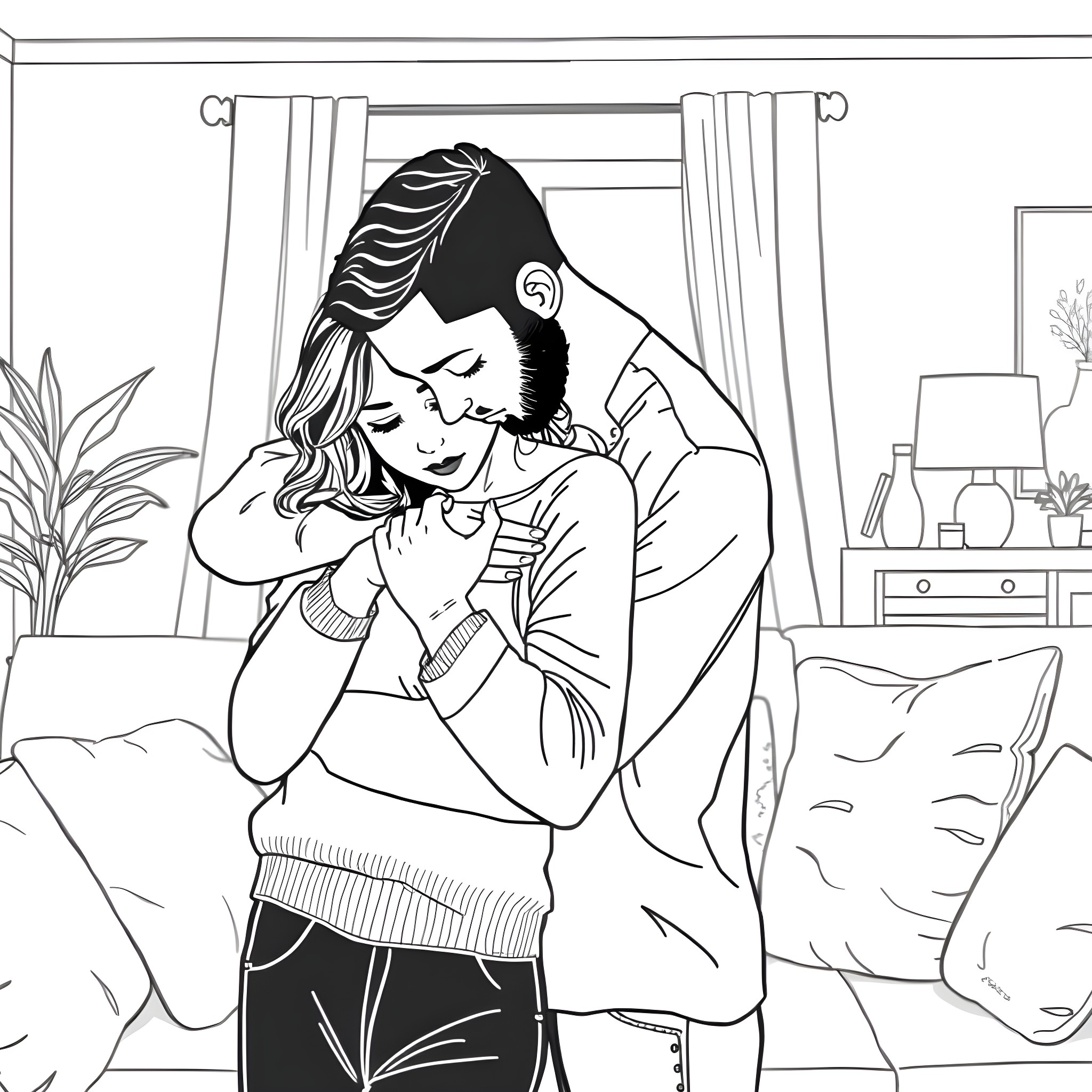 Husband comforting wife during emotional moment Coloring Page (free black-and-white line drawing printable PDF for all, from beginners to advanced learners, including children, teens, adults, and seniors)