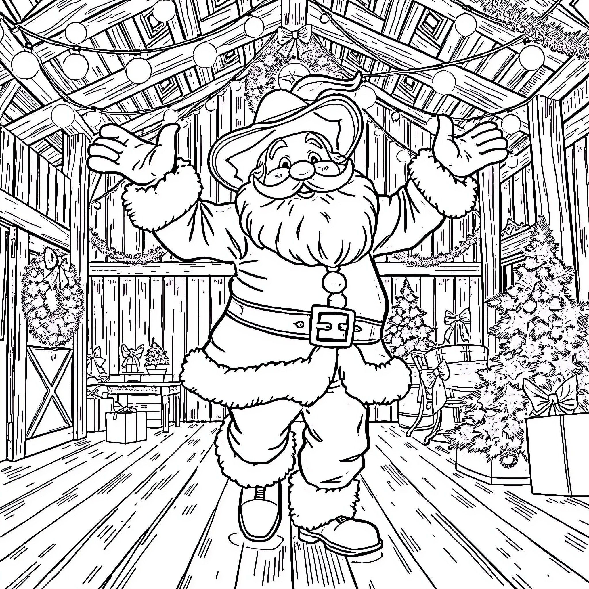 Santa Claus Joyfully Celebrates in a Winter Wonderland Coloring Page (free black-and-white line drawing printable PDF for all, from beginners to advanced learners, including children, teens, adults, and seniors)