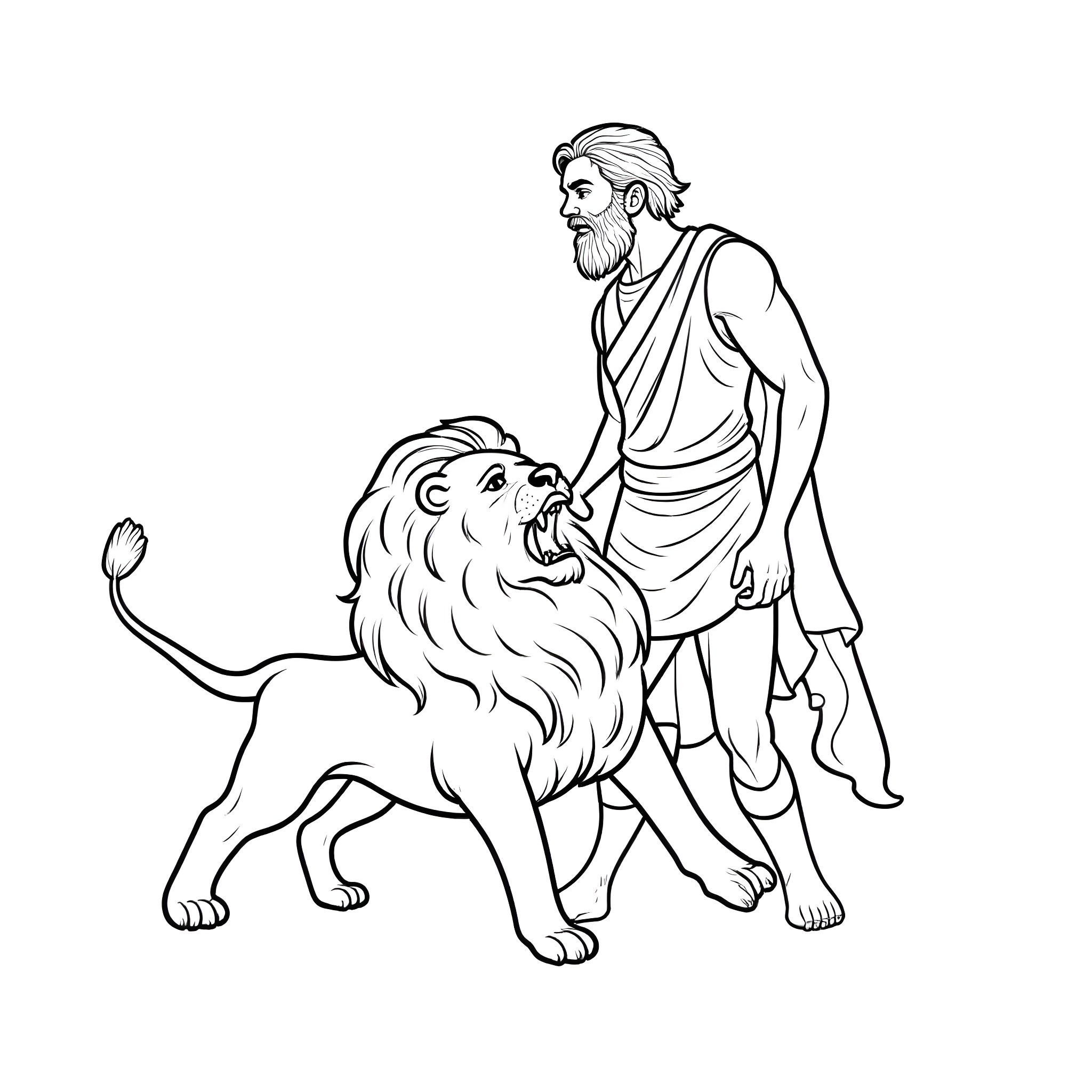 Samson and the Lion Coloring Page (free black-and-white line drawing printable PDF for all, from beginners to advanced learners, including children, teens, adults, and seniors)