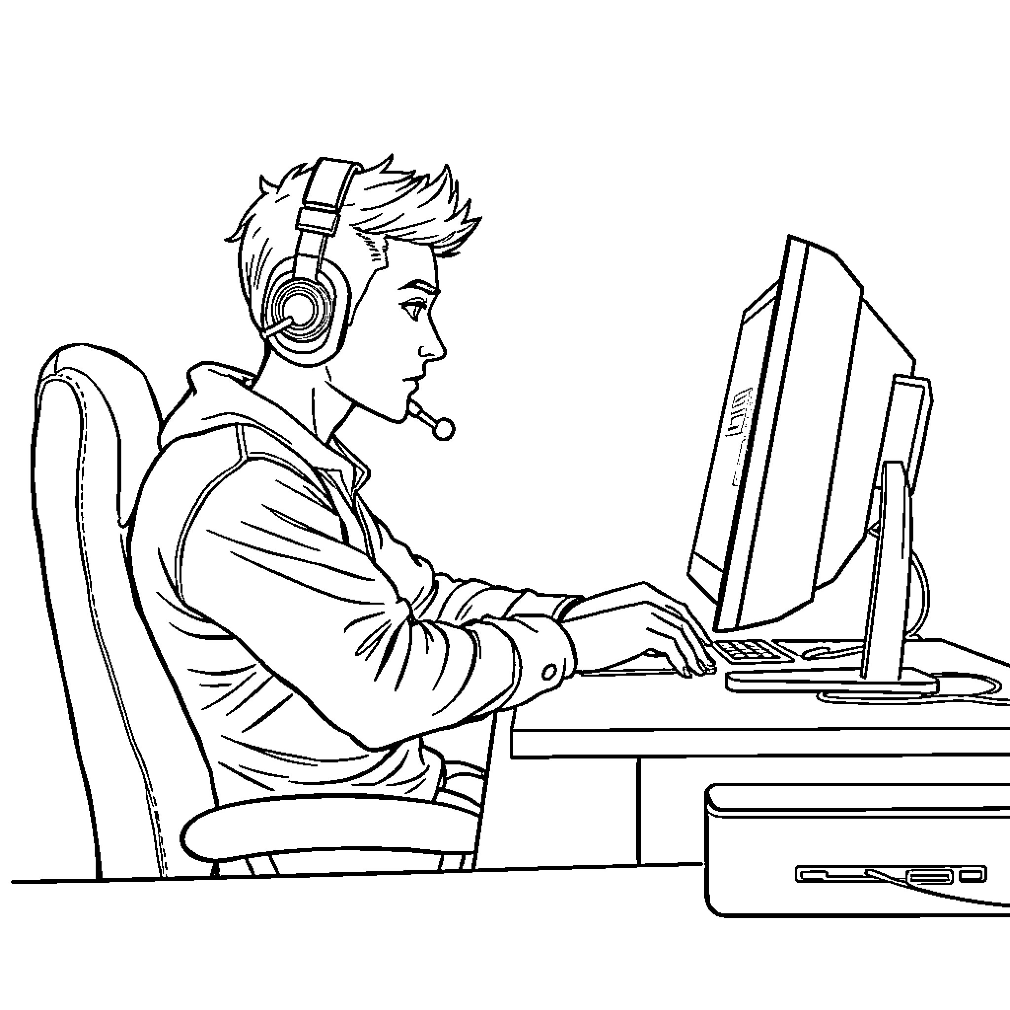 Learion playing video games at the computer Coloring Page (free black-and-white line drawing printable PDF for all, from beginners to advanced learners, including children, teens, adults, and seniors)