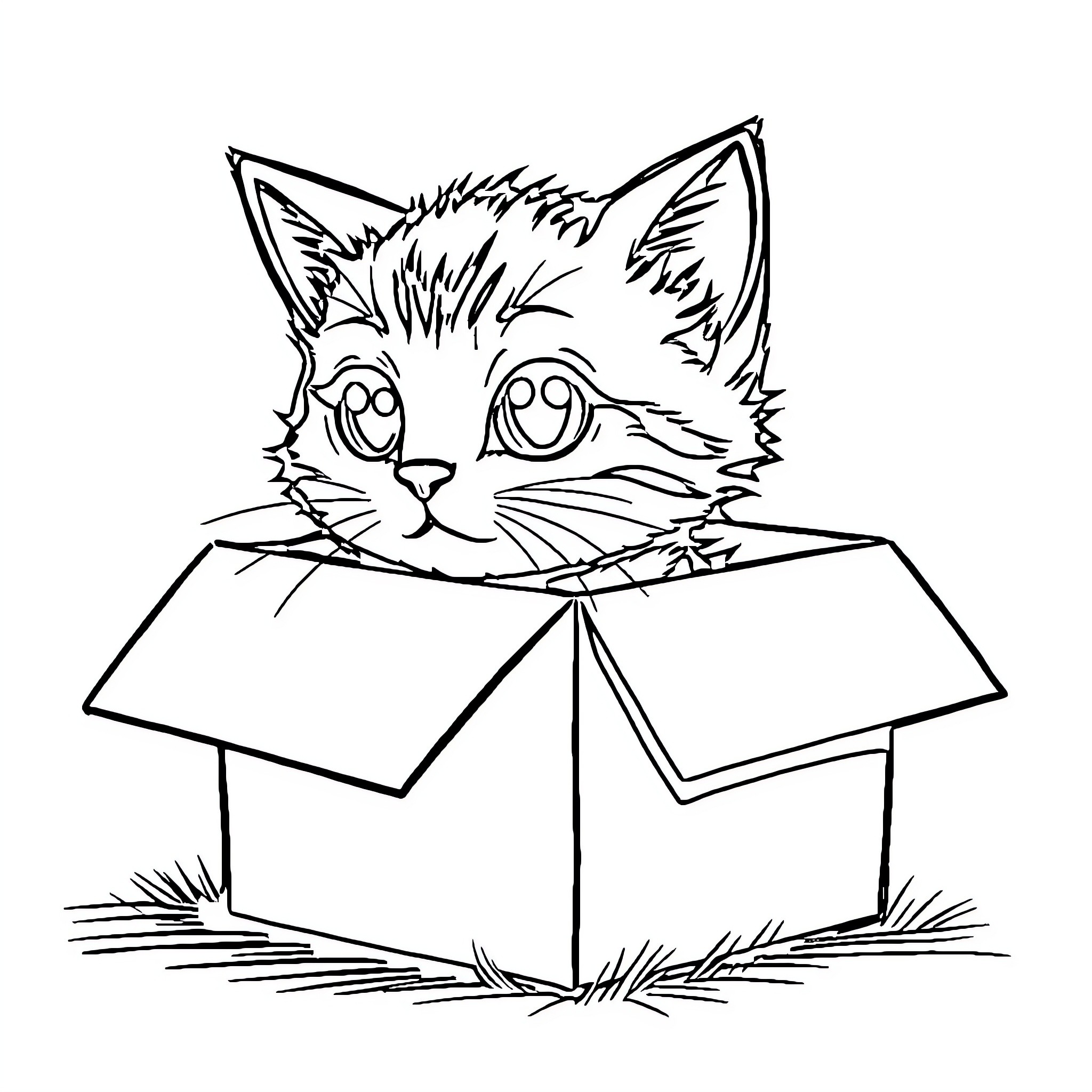 Cat exploring a cardboard box Coloring Page (free black-and-white line drawing printable PDF for all, from beginners to advanced learners, including children, teens, adults, and seniors)