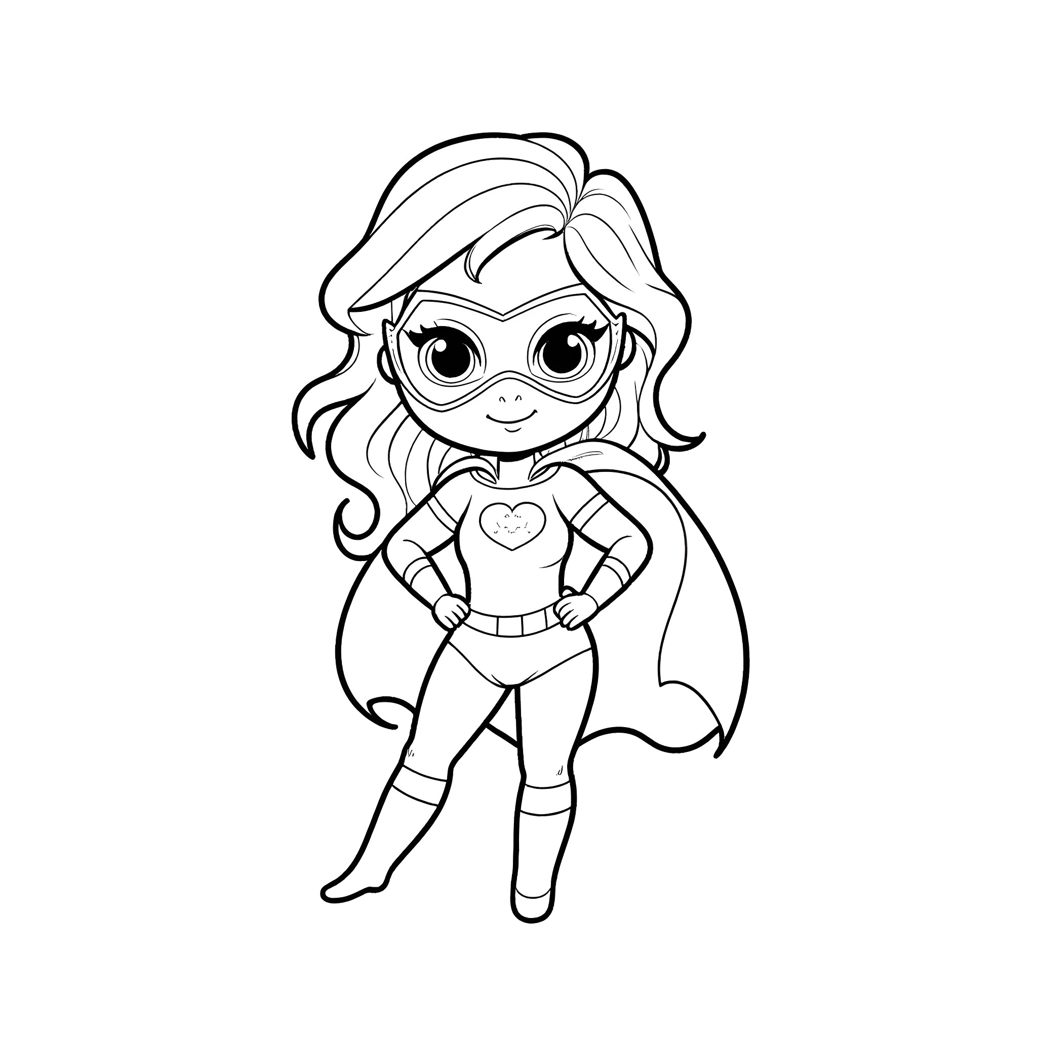 Superhero girl with determined expression Coloring Page (free black-and-white line drawing printable PDF for all, from beginners to advanced learners, including children, teens, adults, and seniors)