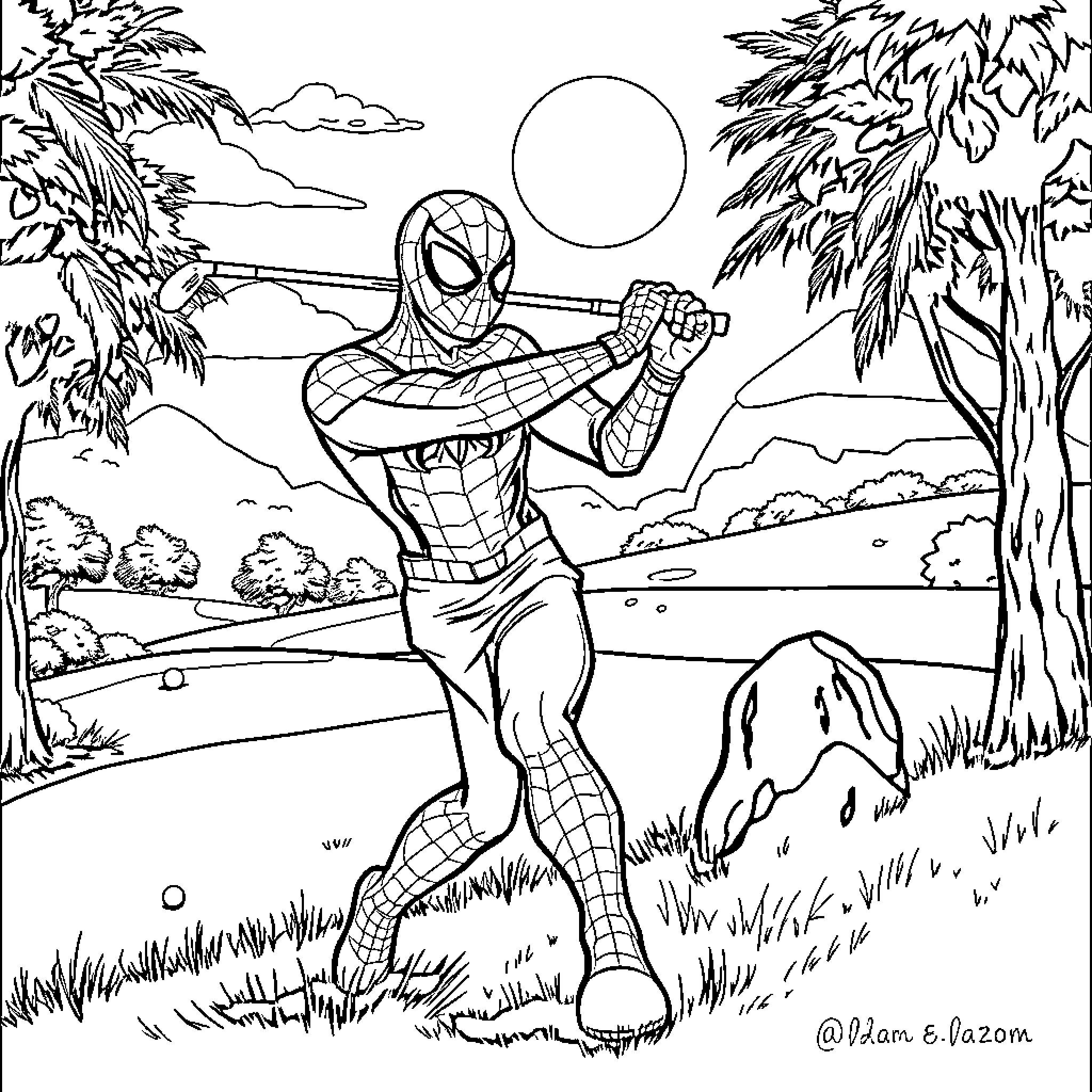 Spider-Man swinging a golf club on a course Coloring Page (free black-and-white line drawing printable PDF for all, from beginners to advanced learners, including children, teens, adults, and seniors)