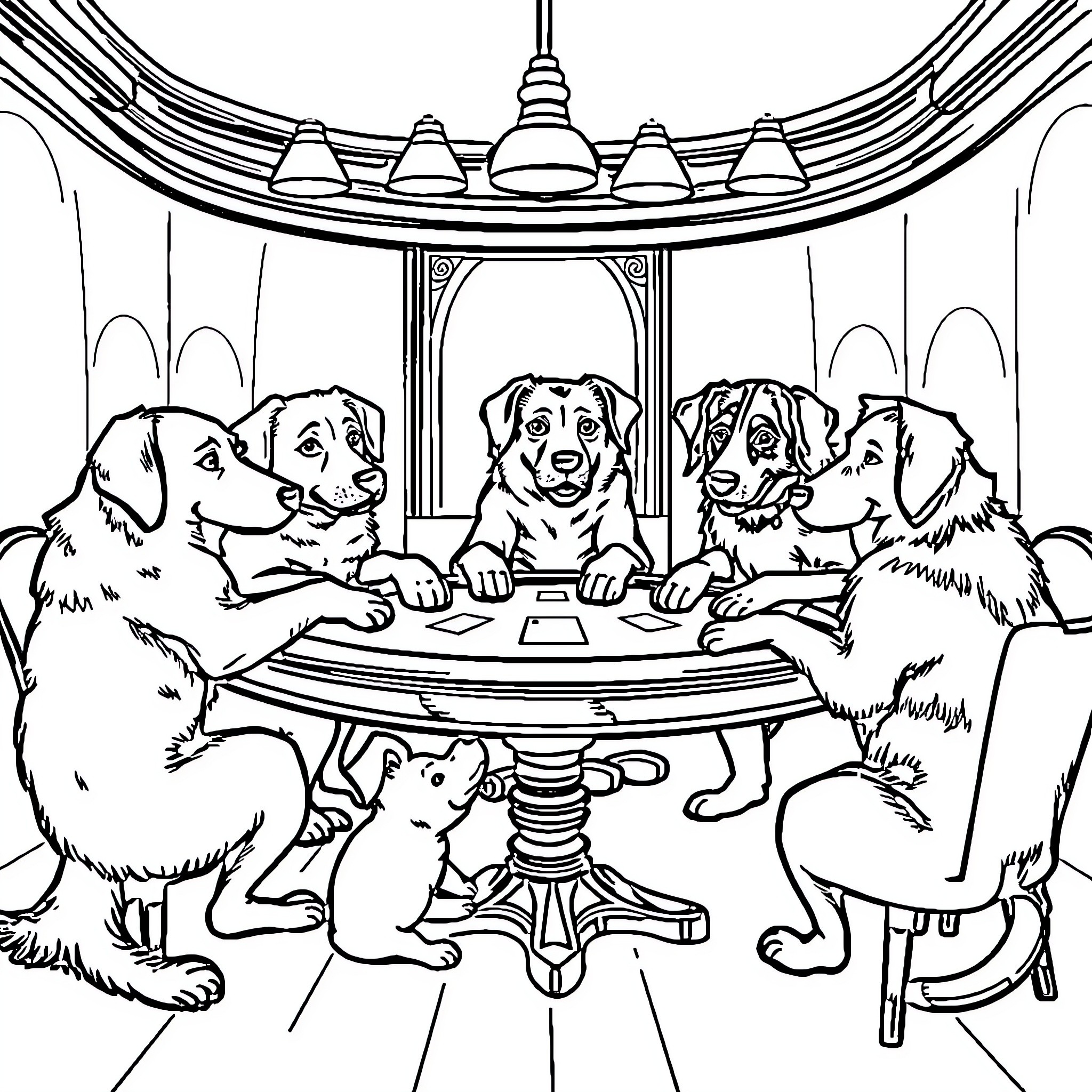 Dog friends having a meeting at the table Coloring Page (free black-and-white line drawing printable PDF for all, from beginners to advanced learners, including children, teens, adults, and seniors)