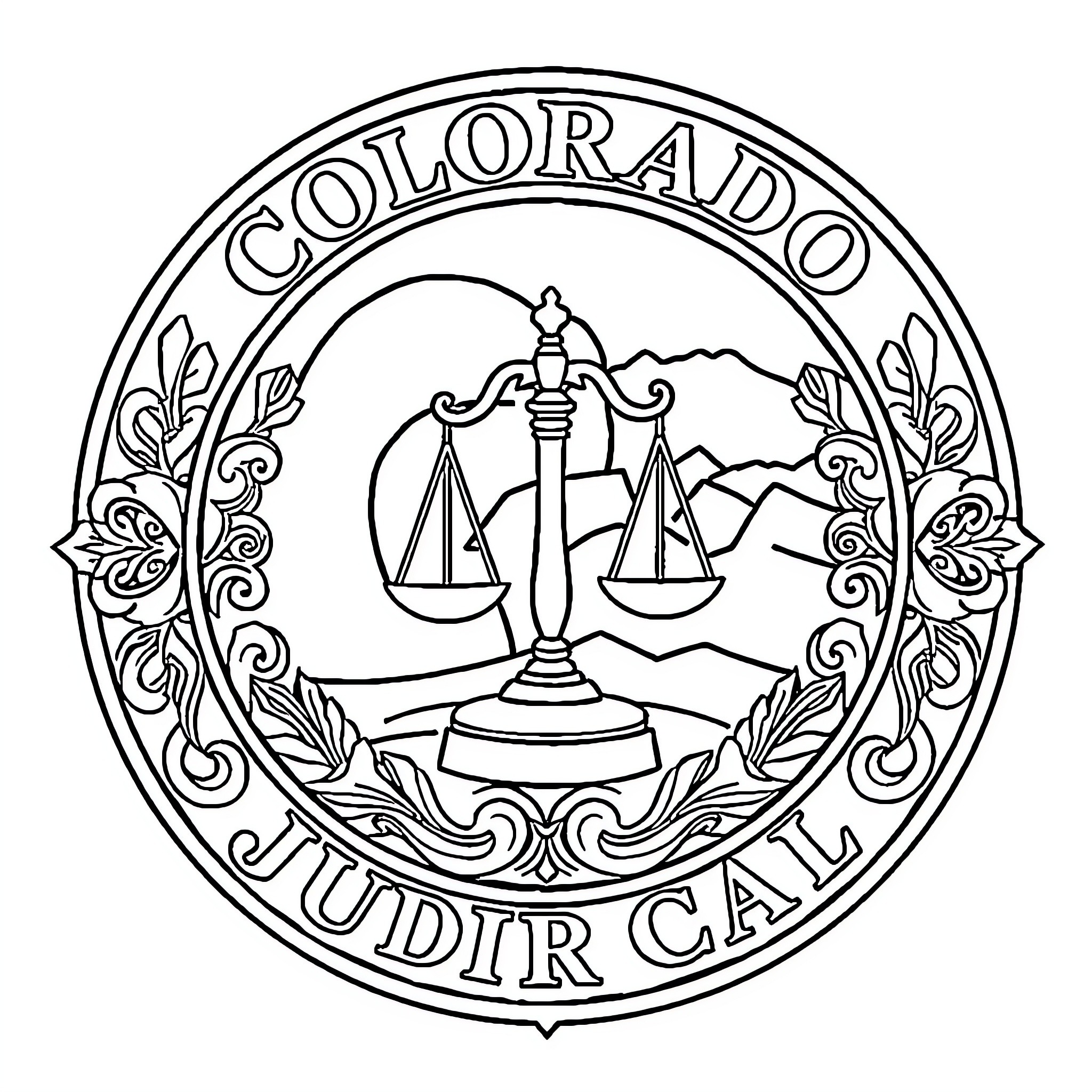 Judicial Logo with Scales of Justice Coloring Page (free black-and-white line drawing printable PDF for all, from beginners to advanced learners, including children, teens, adults, and seniors)