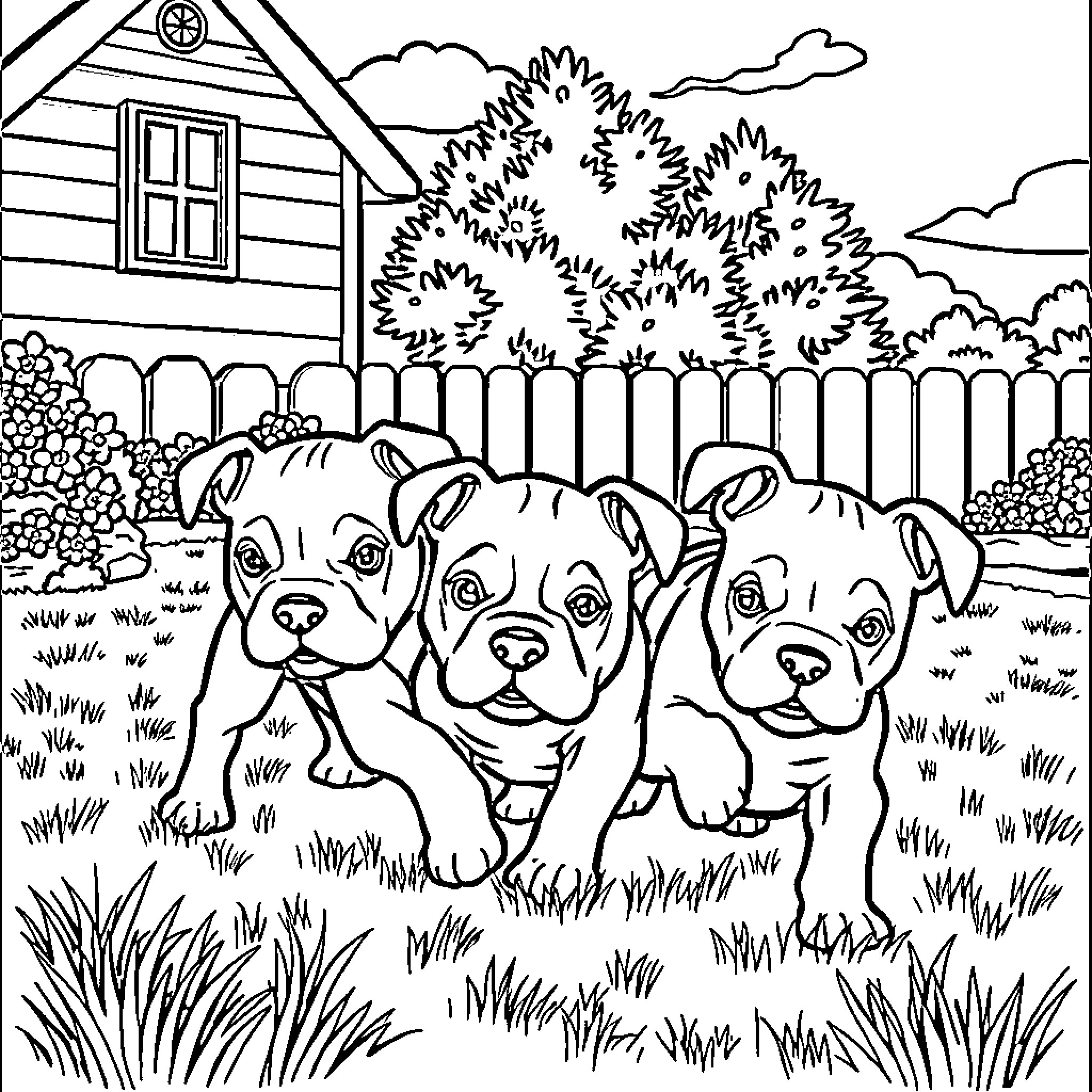 Pitbull puppies playing in a fenced backyard Coloring Page (free black-and-white line drawing printable PDF for all, from beginners to advanced learners, including children, teens, adults, and seniors)