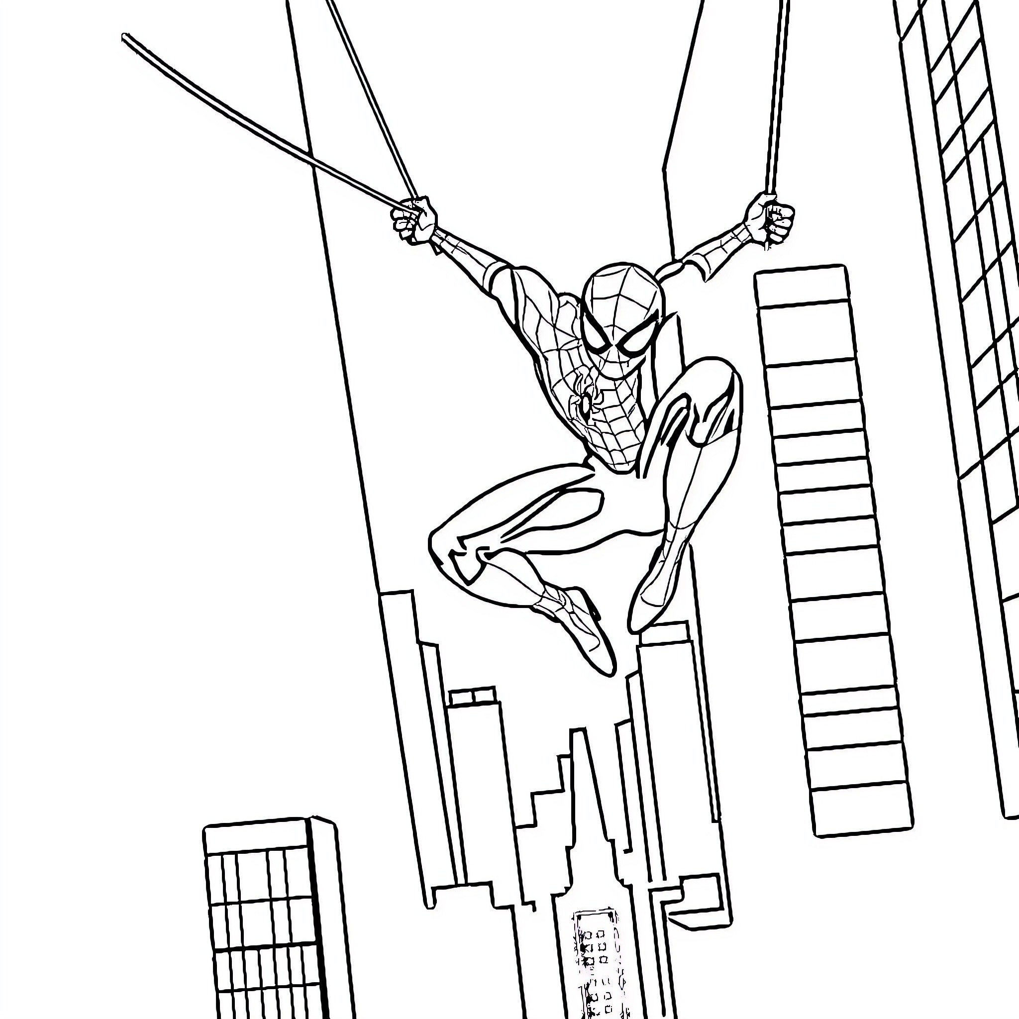 Spiderman swinging through the city skyline Coloring Page (free black-and-white line drawing printable PDF for all, from beginners to advanced learners, including children, teens, adults, and seniors)