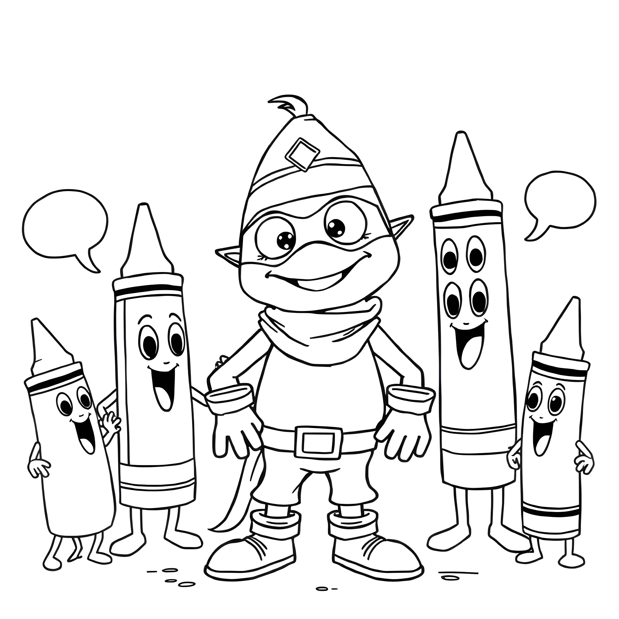 Bandit crayons with cheerful expressions Coloring Page (free black-and-white line drawing printable PDF for all, from beginners to advanced learners, including children, teens, adults, and seniors)