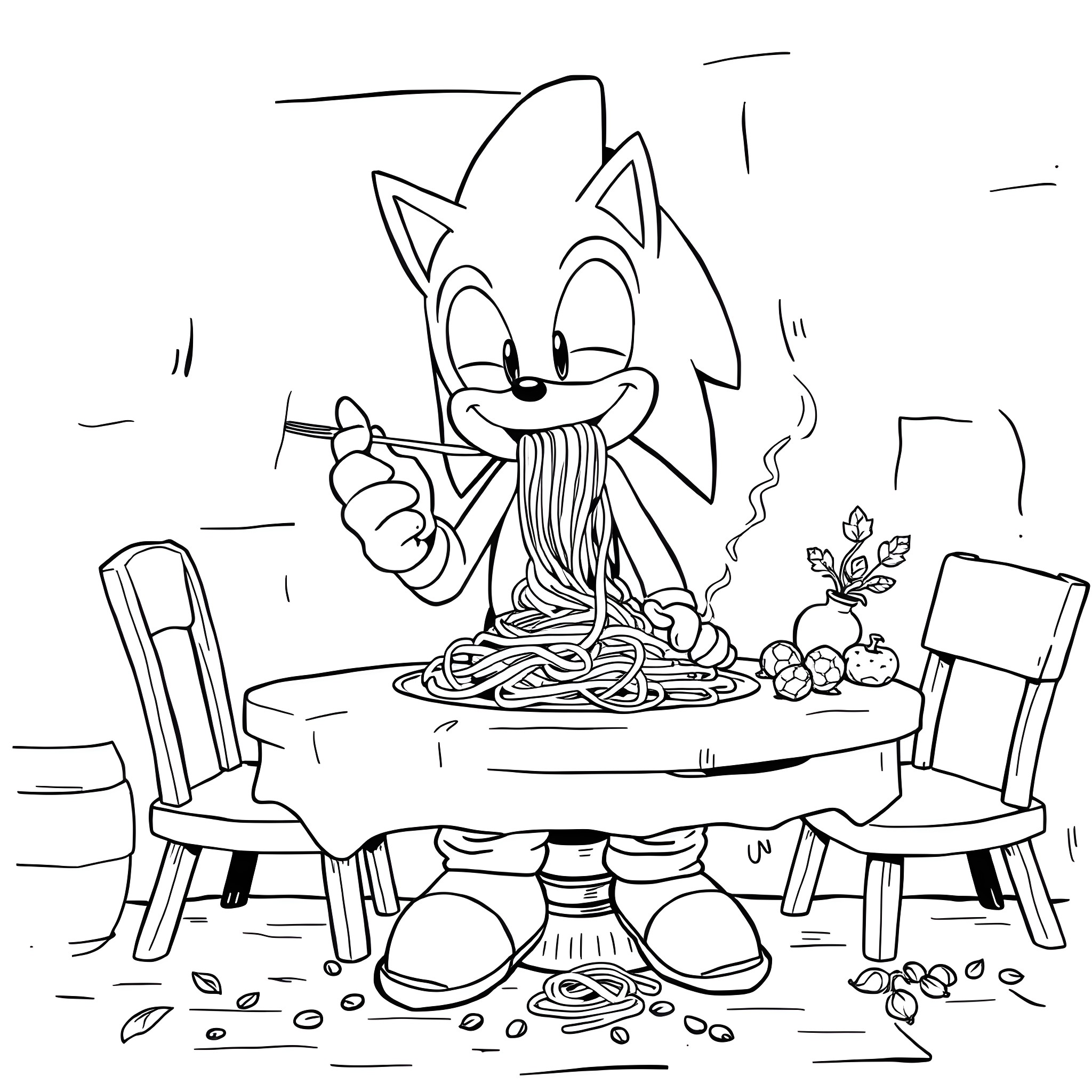 Sonic enjoying a spaghetti dinner with excitement Coloring Page (free black-and-white line drawing printable PDF for all, from beginners to advanced learners, including children, teens, adults, and seniors)