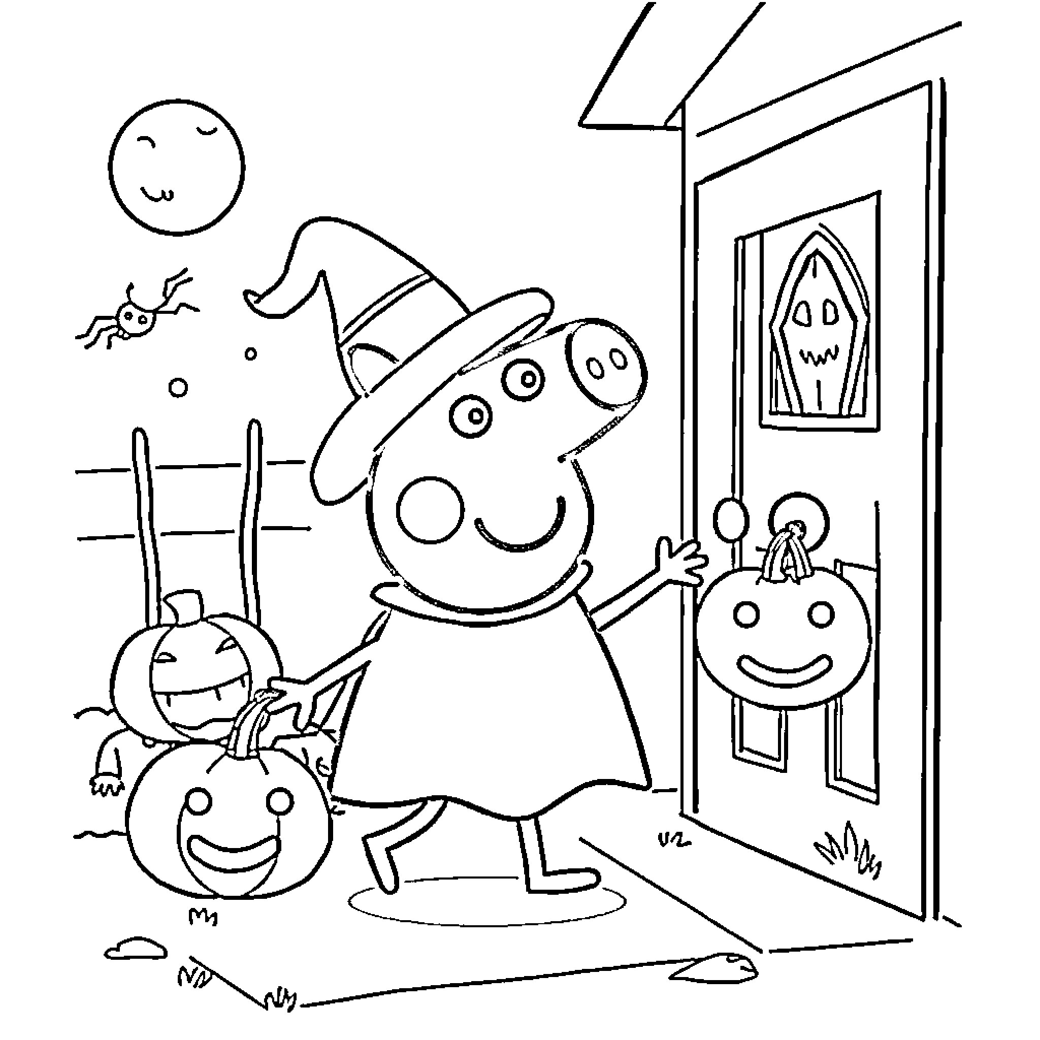 Peppa Pig trick-or-treating on Halloween Coloring Page (free black-and-white line drawing printable PDF for all, from beginners to advanced learners, including children, teens, adults, and seniors)