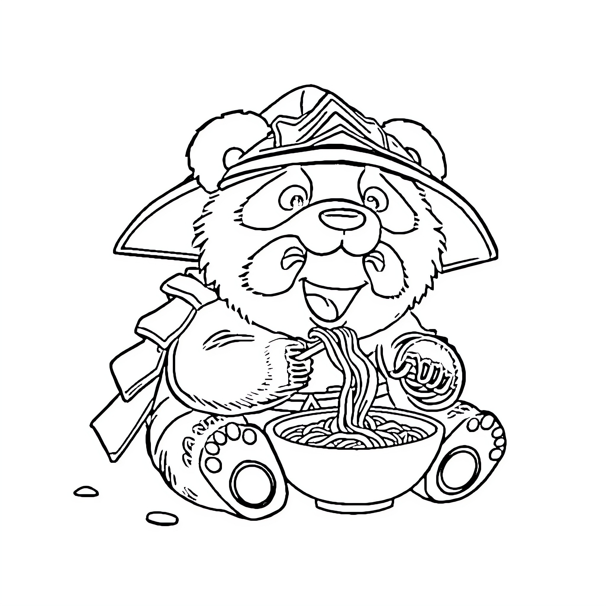 Panda chef happily cooking a tasty meal Coloring Page (free black-and-white line drawing printable PDF for all, from beginners to advanced learners, including children, teens, adults, and seniors)