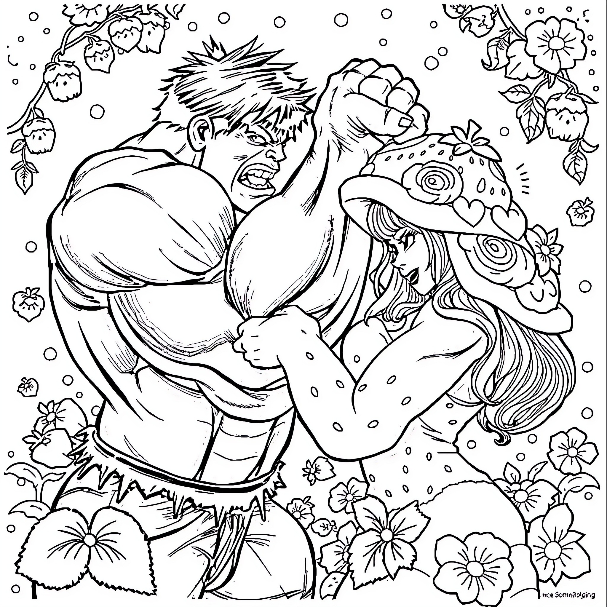 Strawberry Shortcake characters in a whimsical floral scene Coloring Page (free black-and-white line drawing printable PDF for all, from beginners to advanced learners, including children, teens, adults, and seniors)