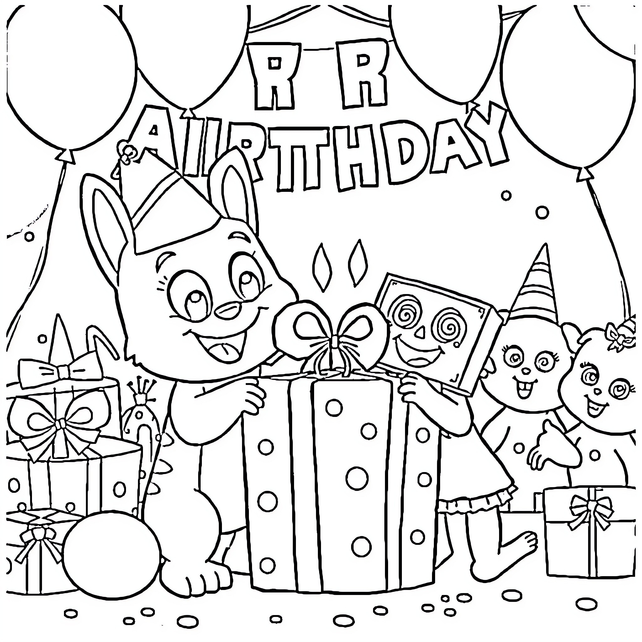 Bluey's Joyful Birthday Celebration Coloring Page (free black-and-white line drawing printable PDF for all, from beginners to advanced learners, including children, teens, adults, and seniors)
