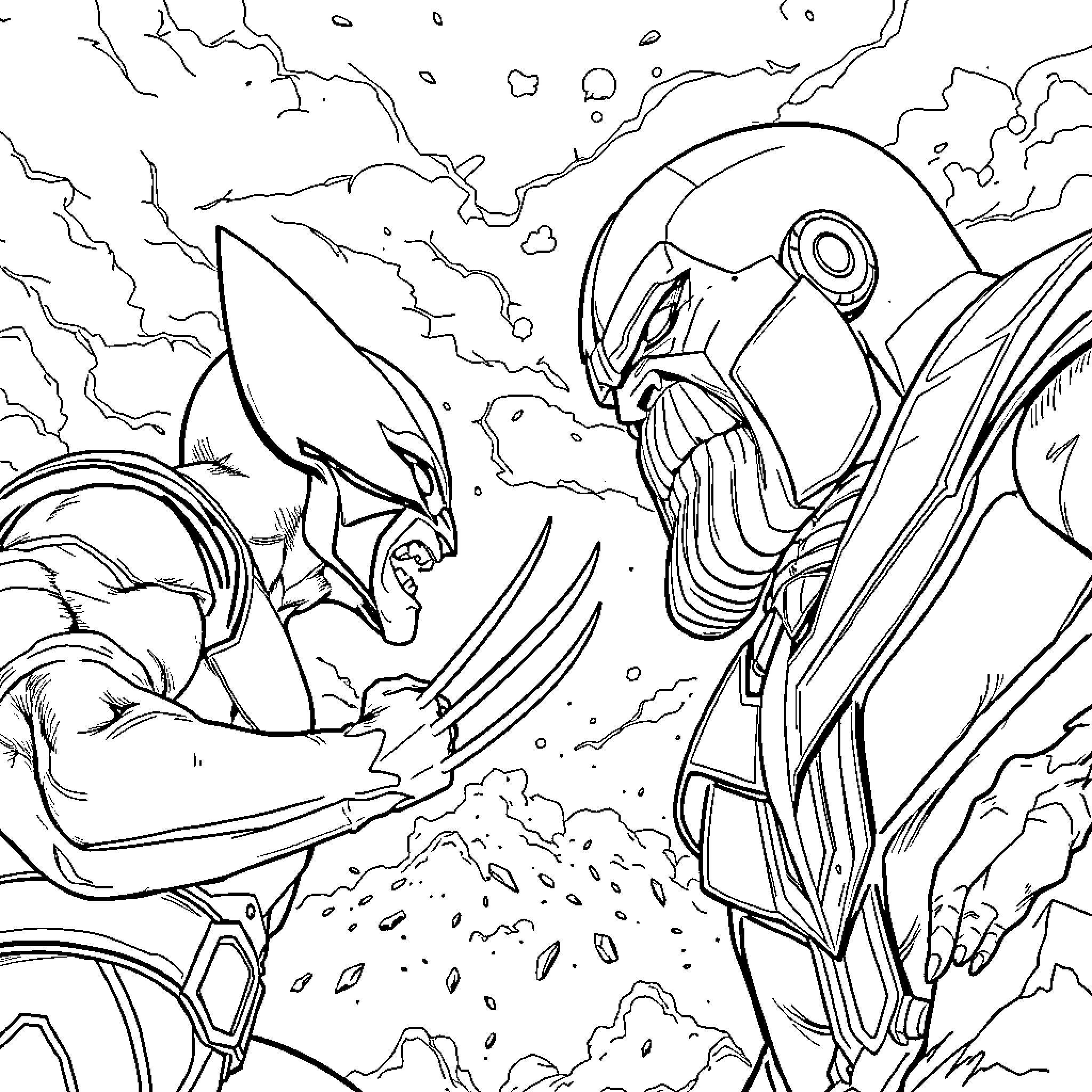 Wolverine unleashing his claws in battle Coloring Page (free black-and-white line drawing printable PDF for all, from beginners to advanced learners, including children, teens, adults, and seniors)