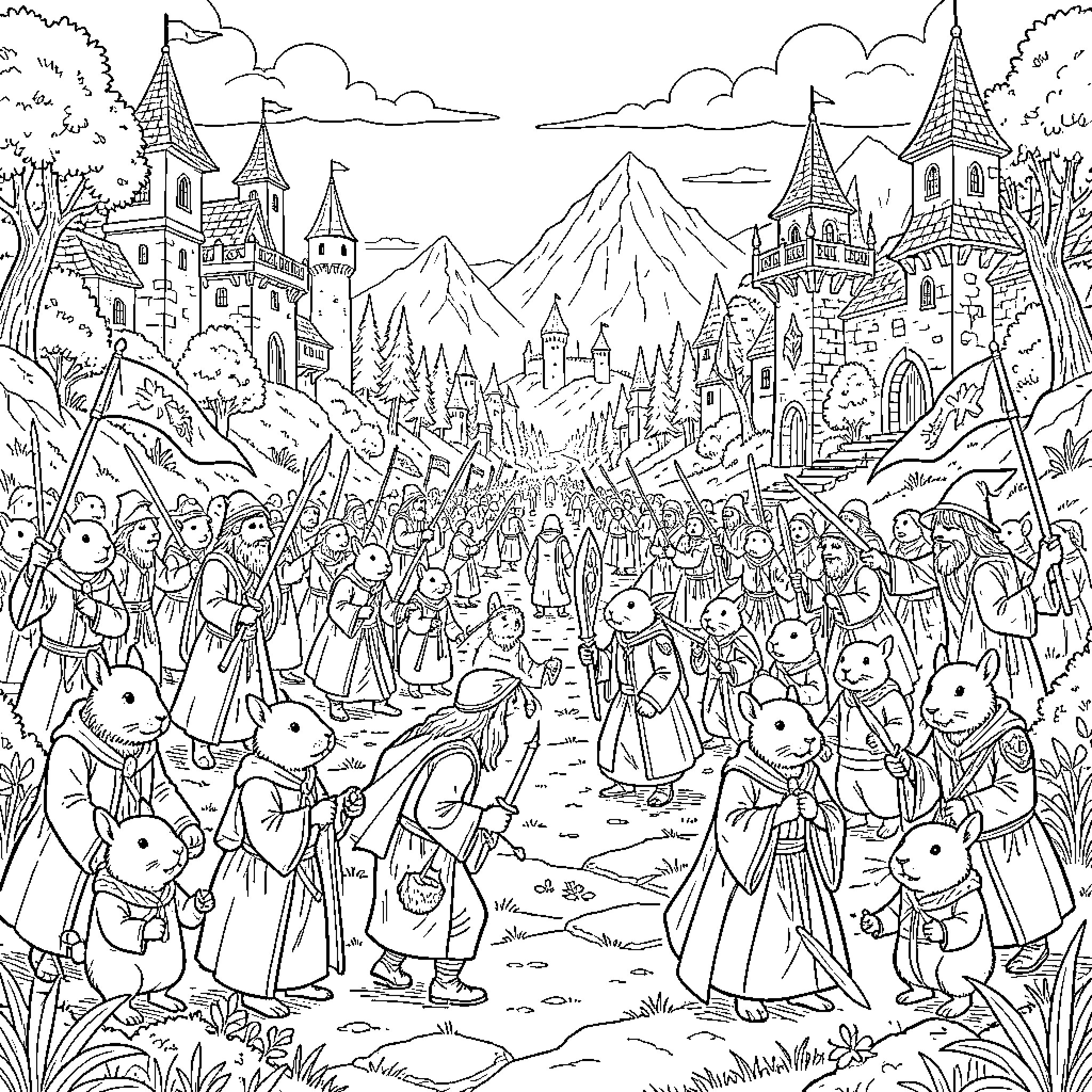 Lord of the Rings style fantasy characters walking through a village Coloring Page (free black-and-white line drawing printable PDF for all, from beginners to advanced learners, including children, teens, adults, and seniors)