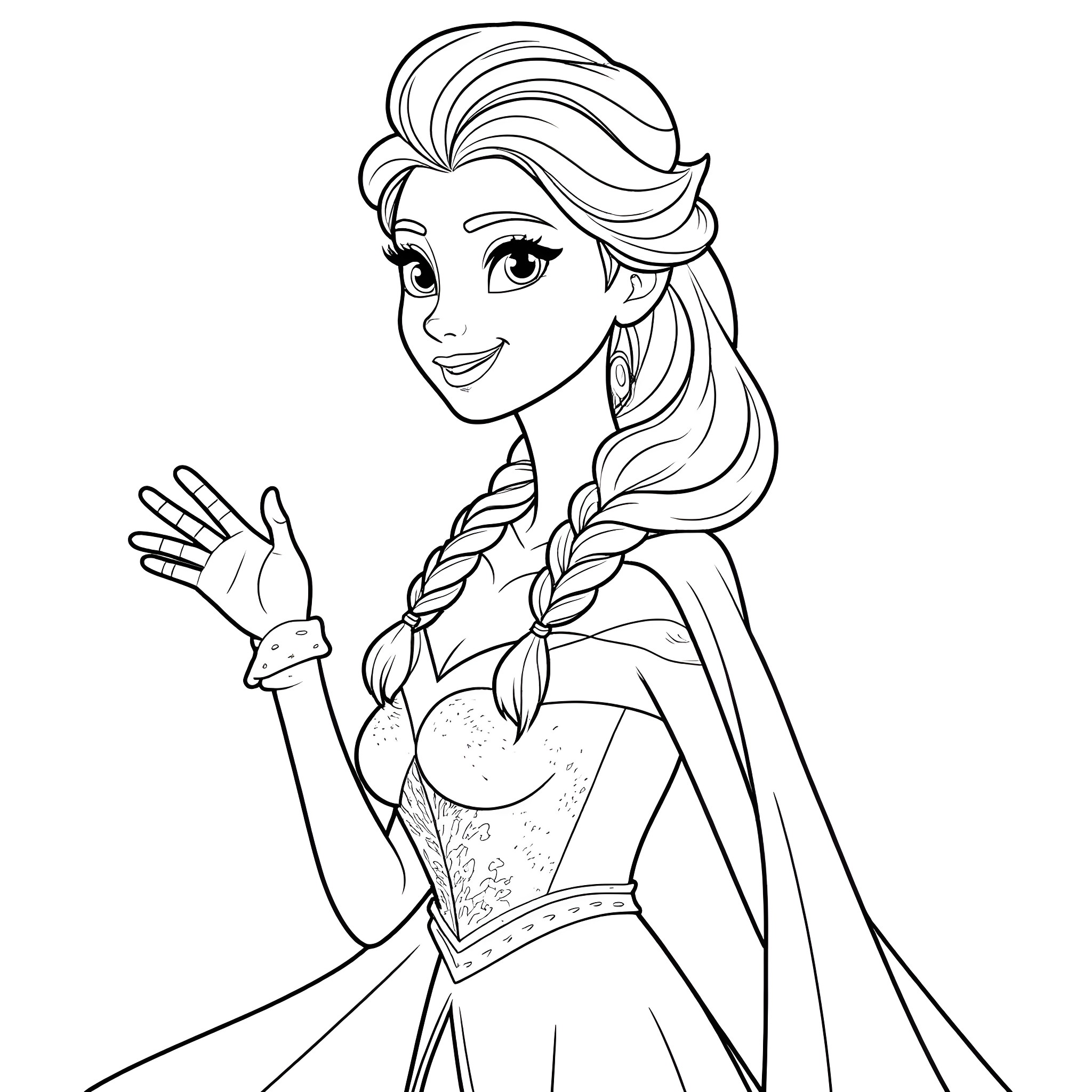 Elsa's Enchanting Expressions and Elegant Ensemble Coloring Page (free black-and-white line drawing printable PDF for all, from beginners to advanced learners, including children, teens, adults, and seniors)