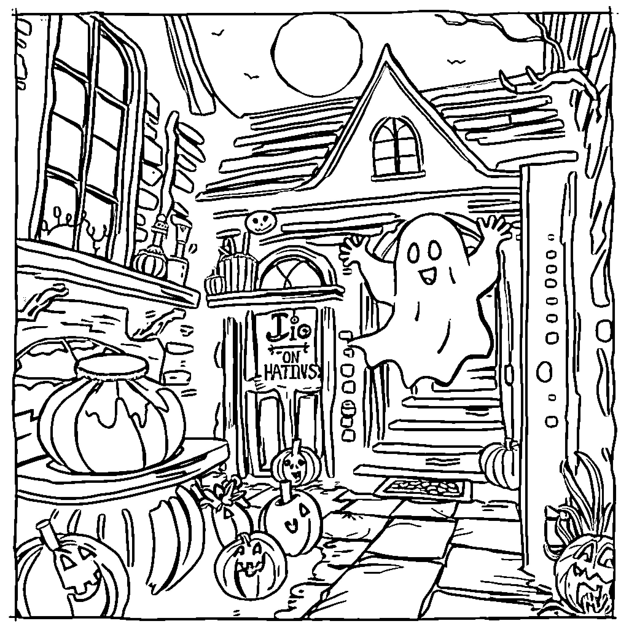 Ghost Haunting a Spooky Pumpkin-Filled Cottage Coloring Page (free black-and-white line drawing printable PDF for all, from beginners to advanced learners, including children, teens, adults, and seniors)