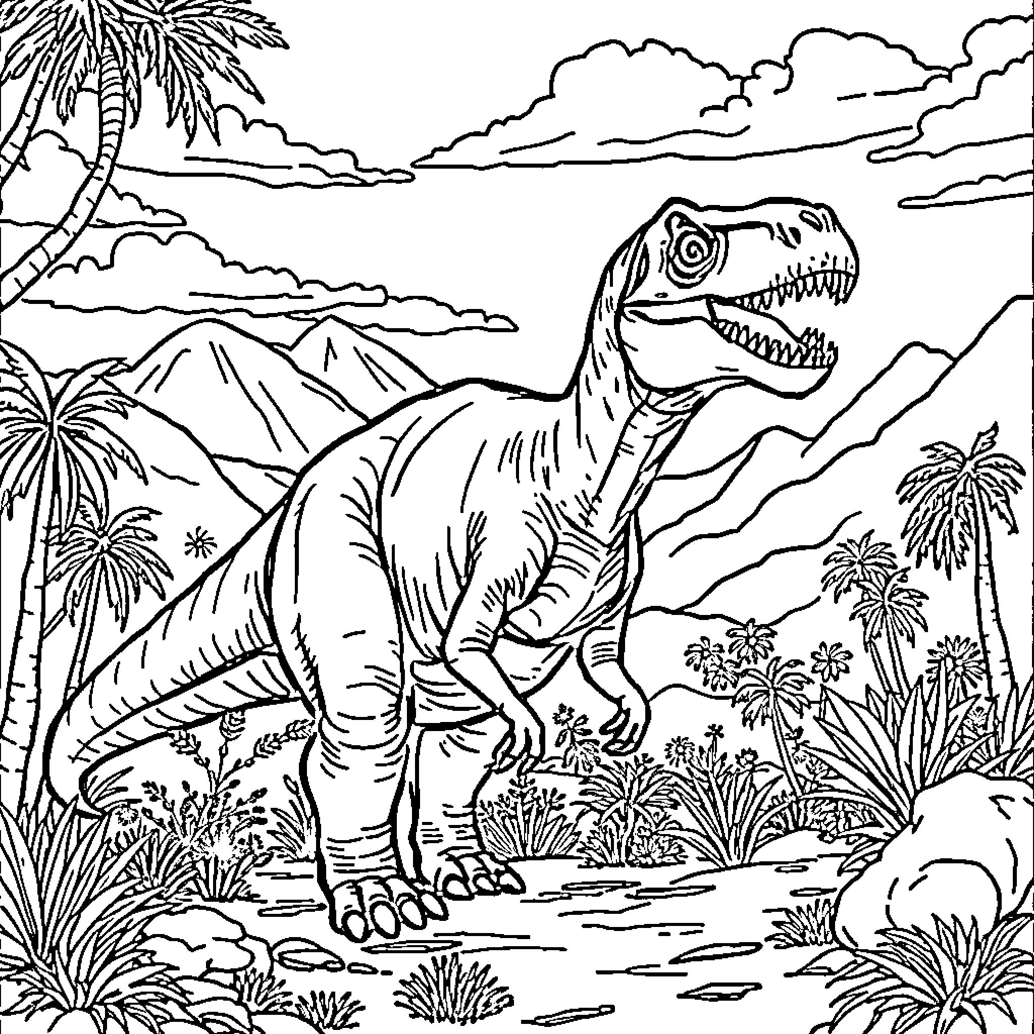 Dinosaur exploring a prehistoric landscape Coloring Page (free black-and-white line drawing printable PDF for all, from beginners to advanced learners, including children, teens, adults, and seniors)