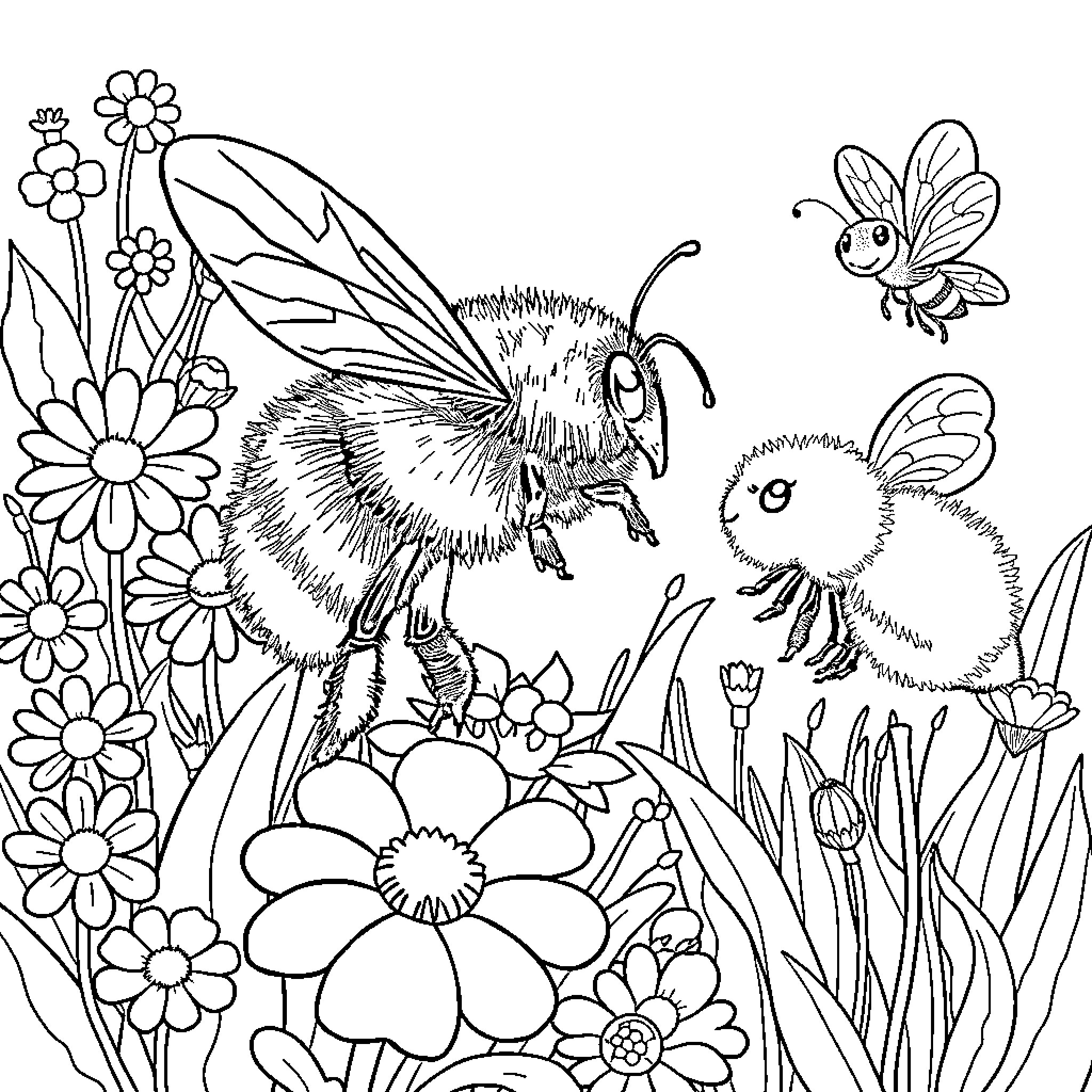 Bee Enjoying Flowers and Nature Coloring Page (free black-and-white line drawing printable PDF for all, from beginners to advanced learners, including children, teens, adults, and seniors)