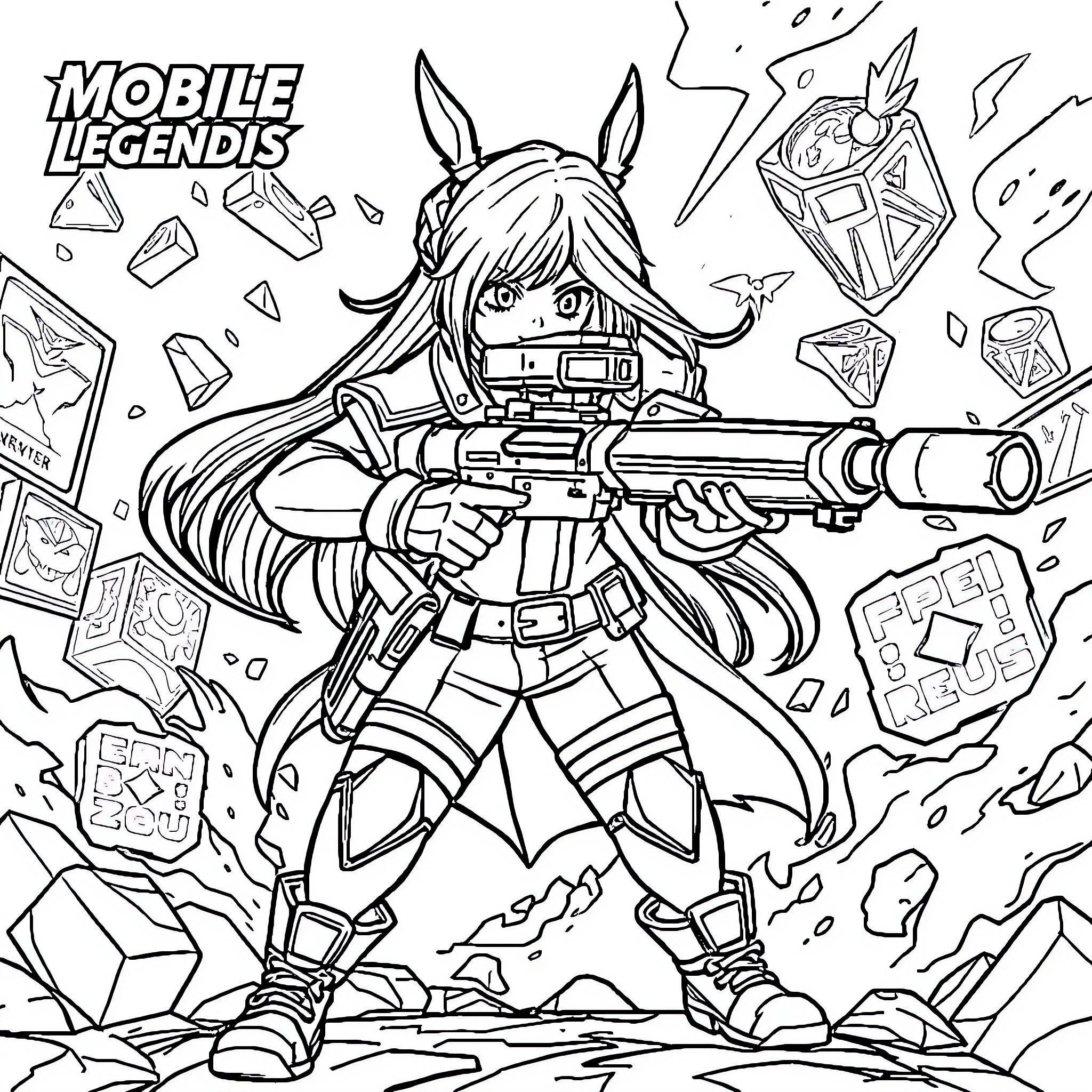 Lesley's Heroic Stance in Mobile Legends Coloring Page (free black-and-white line drawing printable PDF for all, from beginners to advanced learners, including children, teens, adults, and seniors)