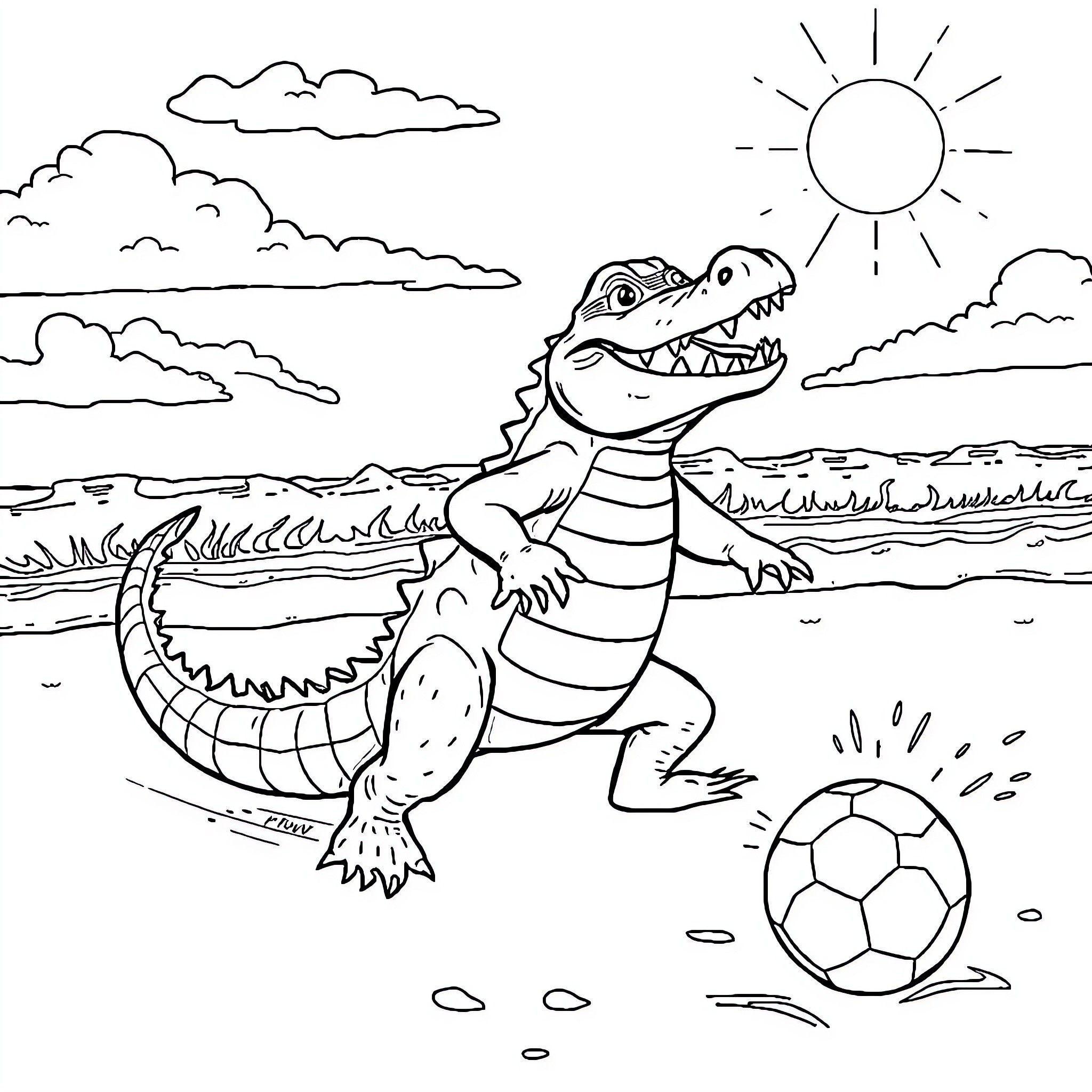 Alligator playing with soccer ball on beach Coloring Page (free black-and-white line drawing printable PDF for all, from beginners to advanced learners, including children, teens, adults, and seniors)