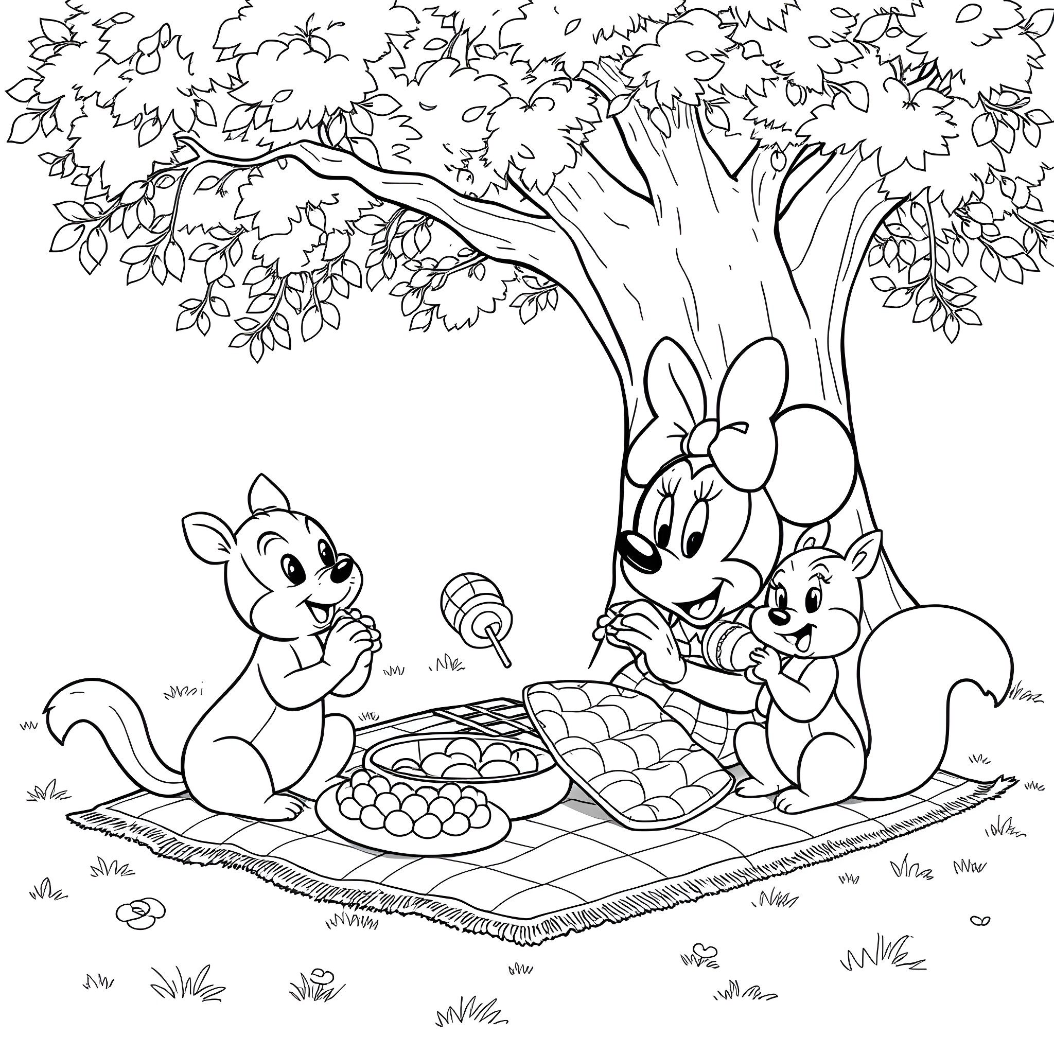 Minnie Mouse and friends enjoying a picnic in the park Coloring Page (free black-and-white line drawing printable PDF for all, from beginners to advanced learners, including children, teens, adults, and seniors)