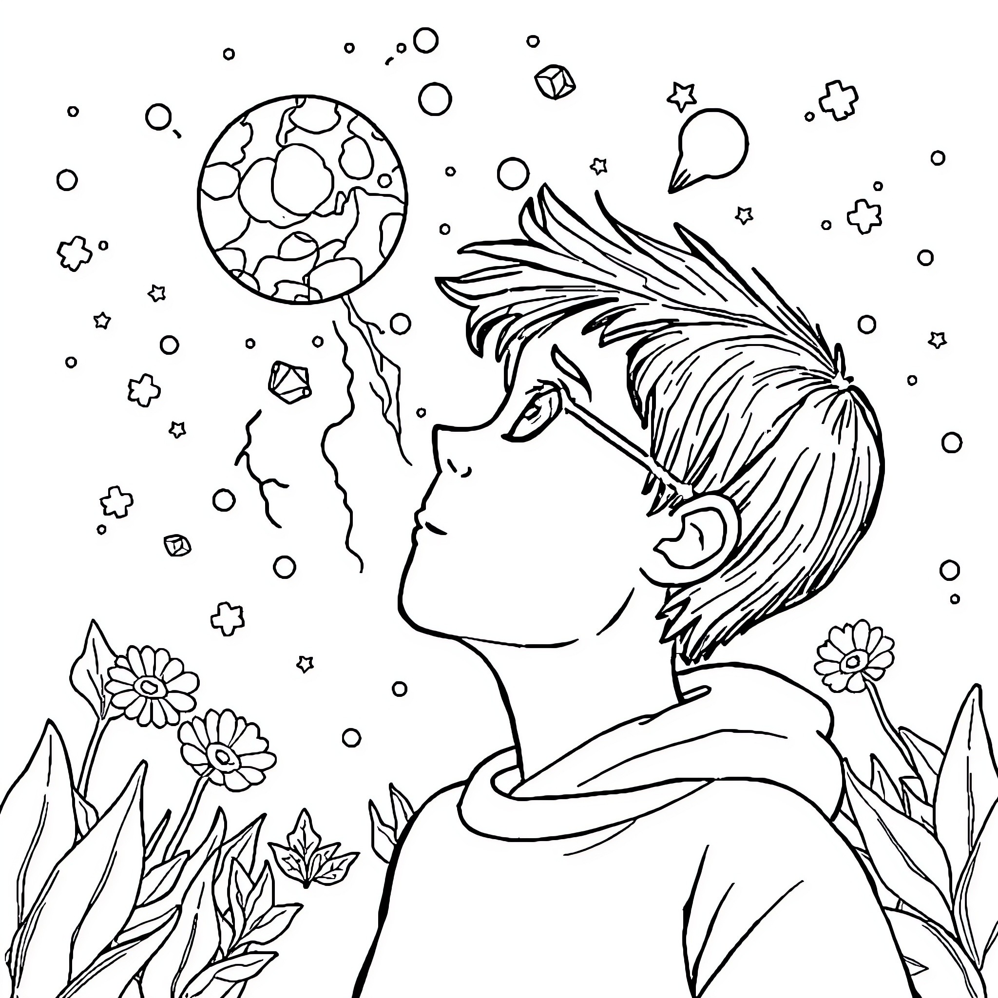 Autism: Boy Gazing at the Cosmic Sky Coloring Page (free black-and-white line drawing printable PDF for all, from beginners to advanced learners, including children, teens, adults, and seniors)