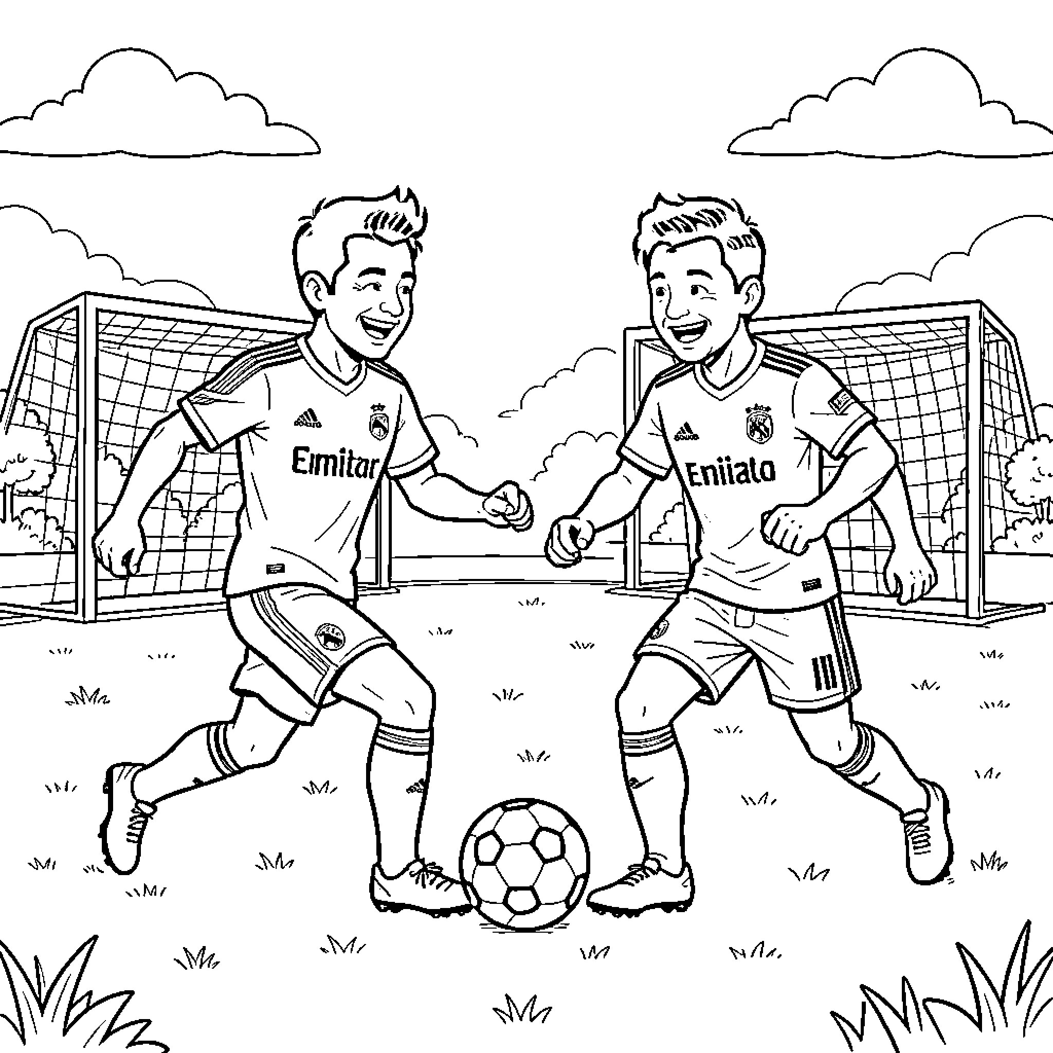 Vlad and Niki play soccer on the field Coloring Page (free black-and-white line drawing printable PDF for all, from beginners to advanced learners, including children, teens, adults, and seniors)