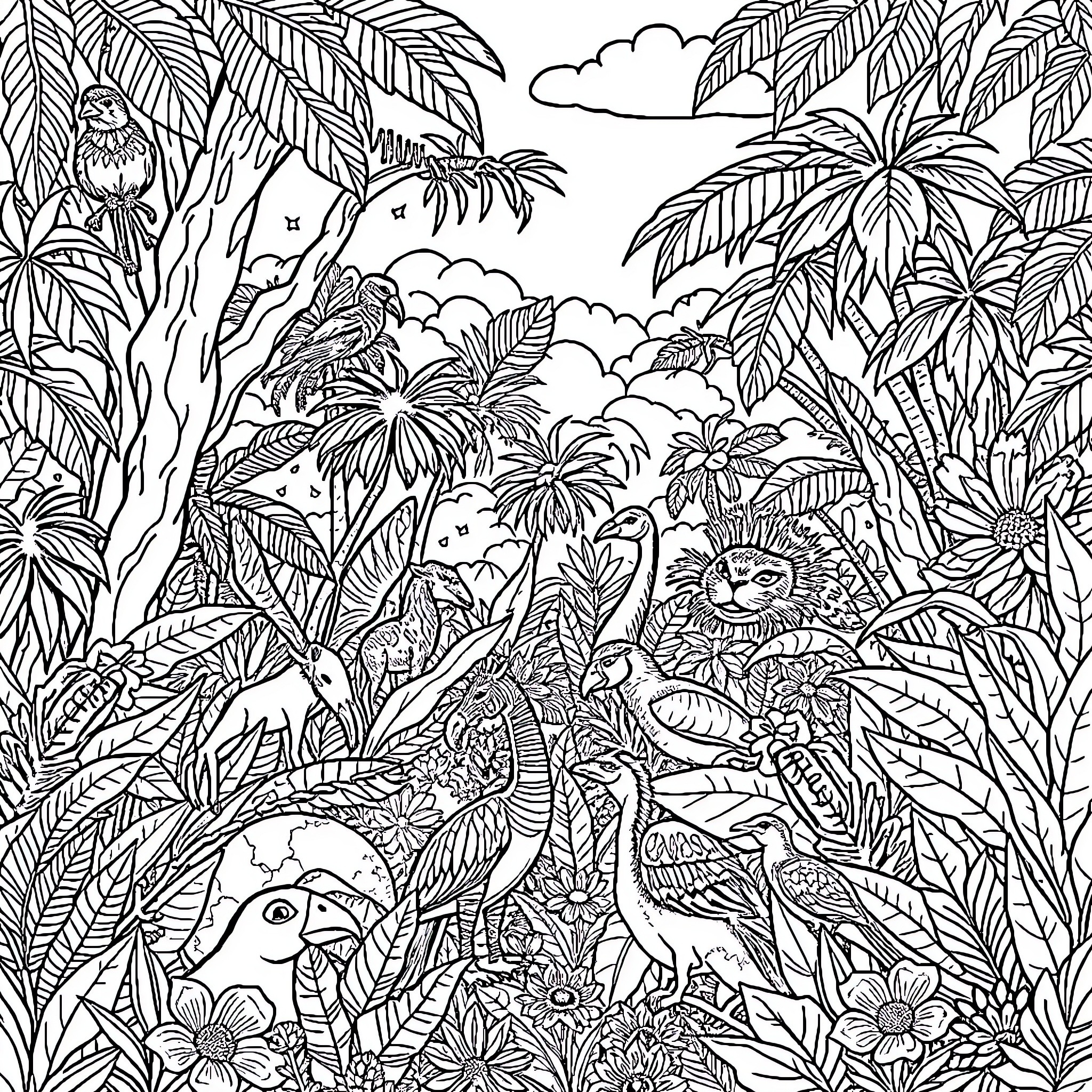Animal Jungle with Exotic Creatures and Lush Foliage Coloring Page (free black-and-white line drawing printable PDF for all, from beginners to advanced learners, including children, teens, adults, and seniors)