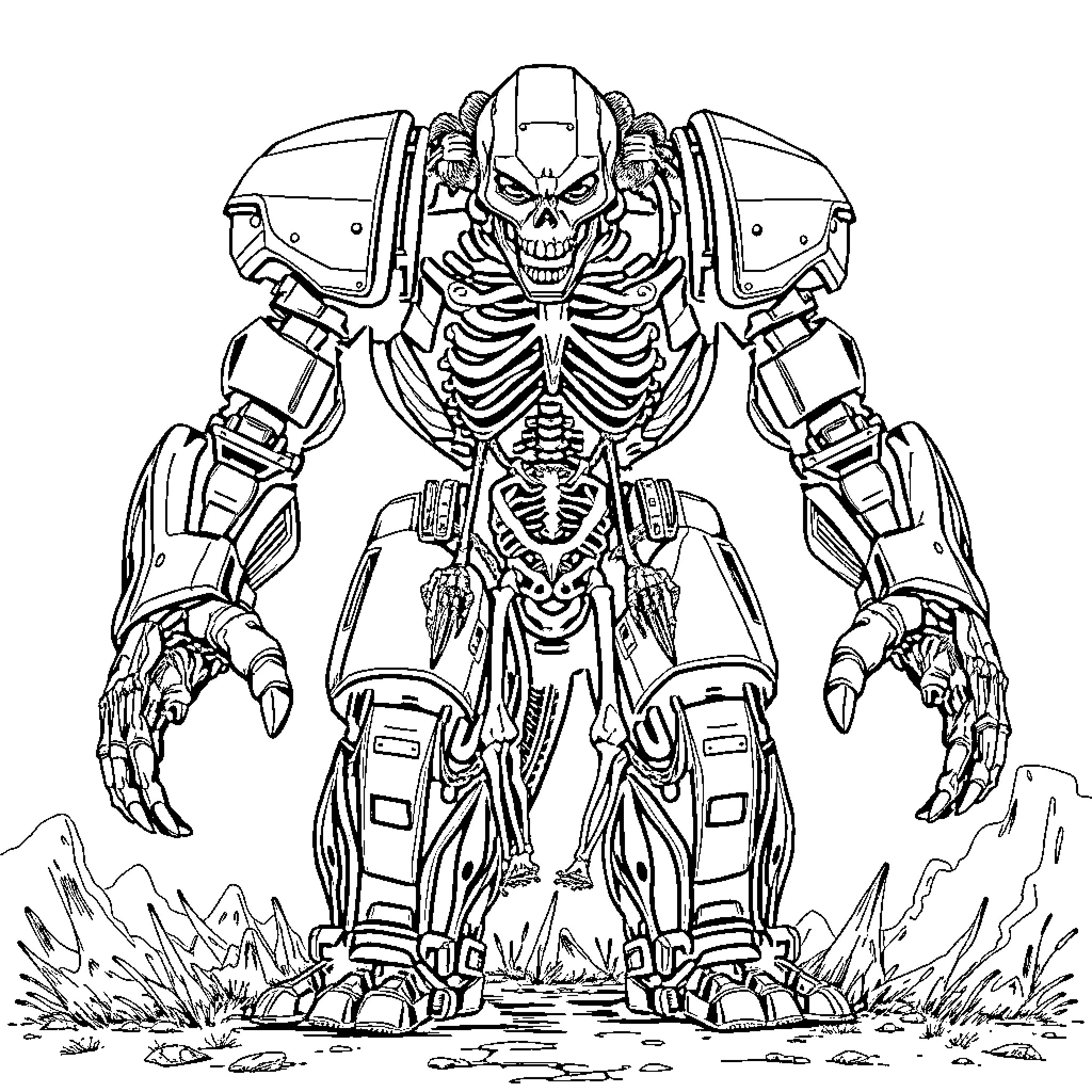 Monster Mech Skeleton Warrior in Ominous Pose Coloring Page (free black-and-white line drawing printable PDF for all, from beginners to advanced learners, including children, teens, adults, and seniors)